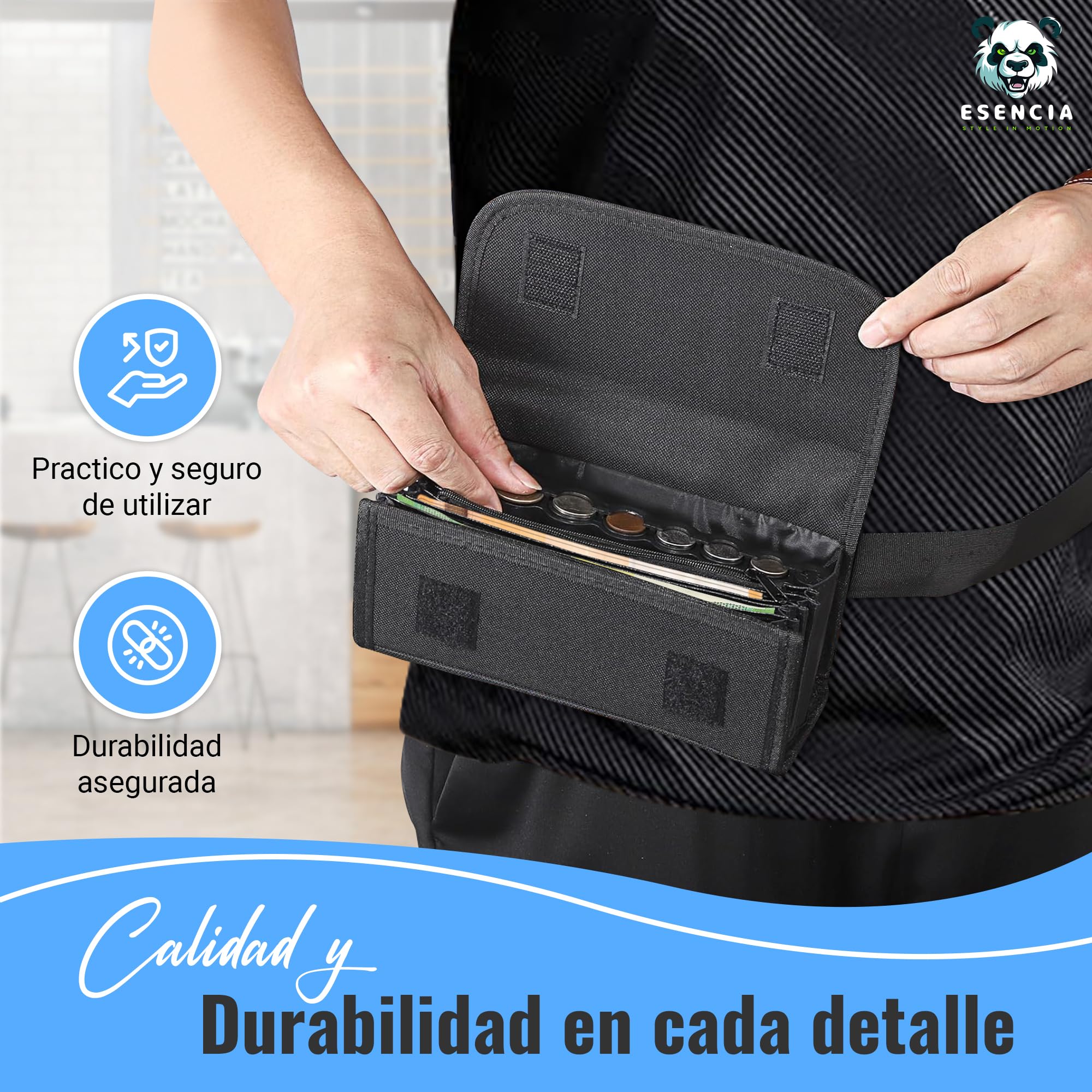 Pack de Riñonera con 2 Dispensadores de Monedas y Bolígrafo Detector Billetes Falsos: Riñonera Camarero, Portamonedas Taxi, Organizador de Billetes, Clasificador de Monedas y Organizador monedas.