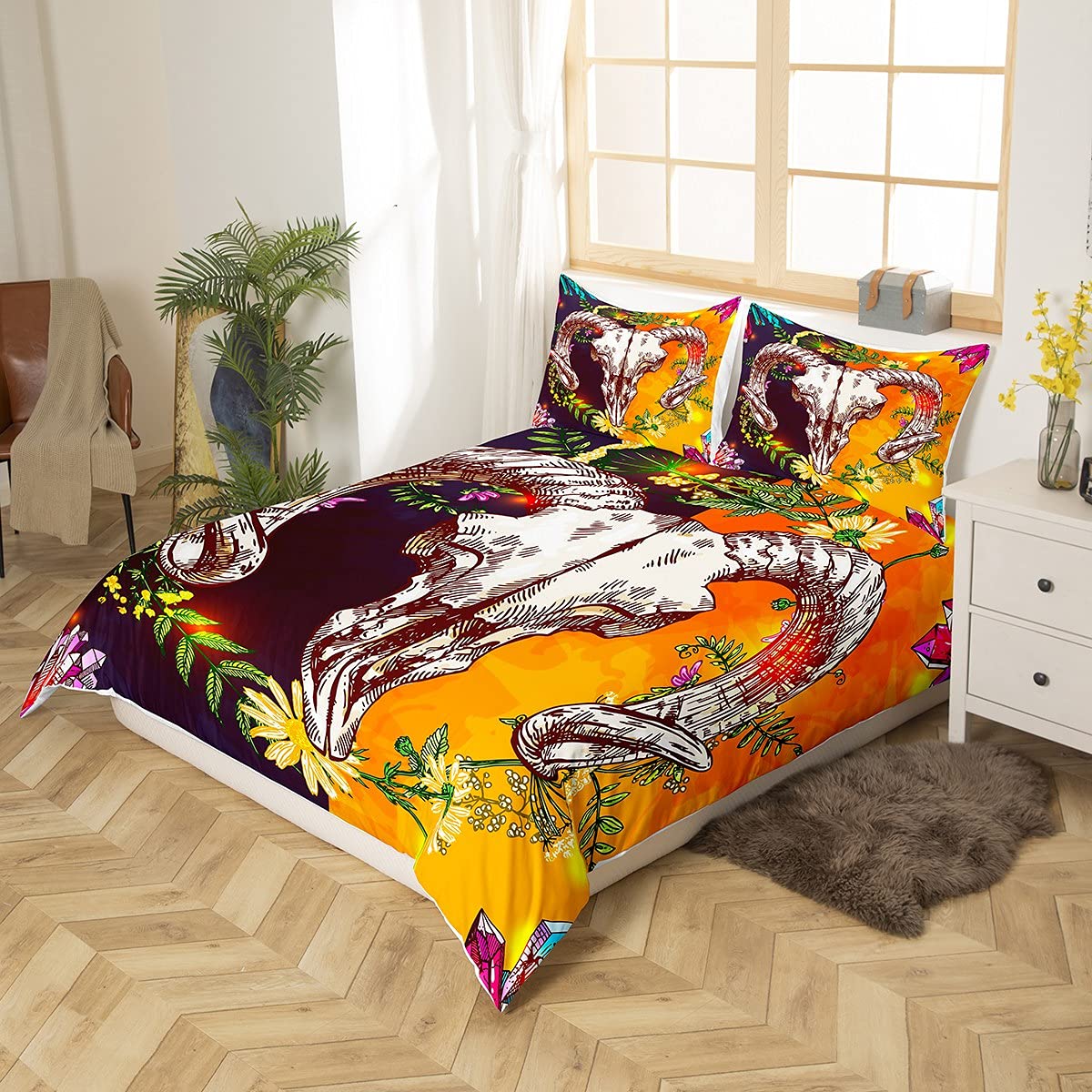 Home - Juego de ropa de cama para cama de matrimonio, diseño de calavera de oveja, color azul y dorado