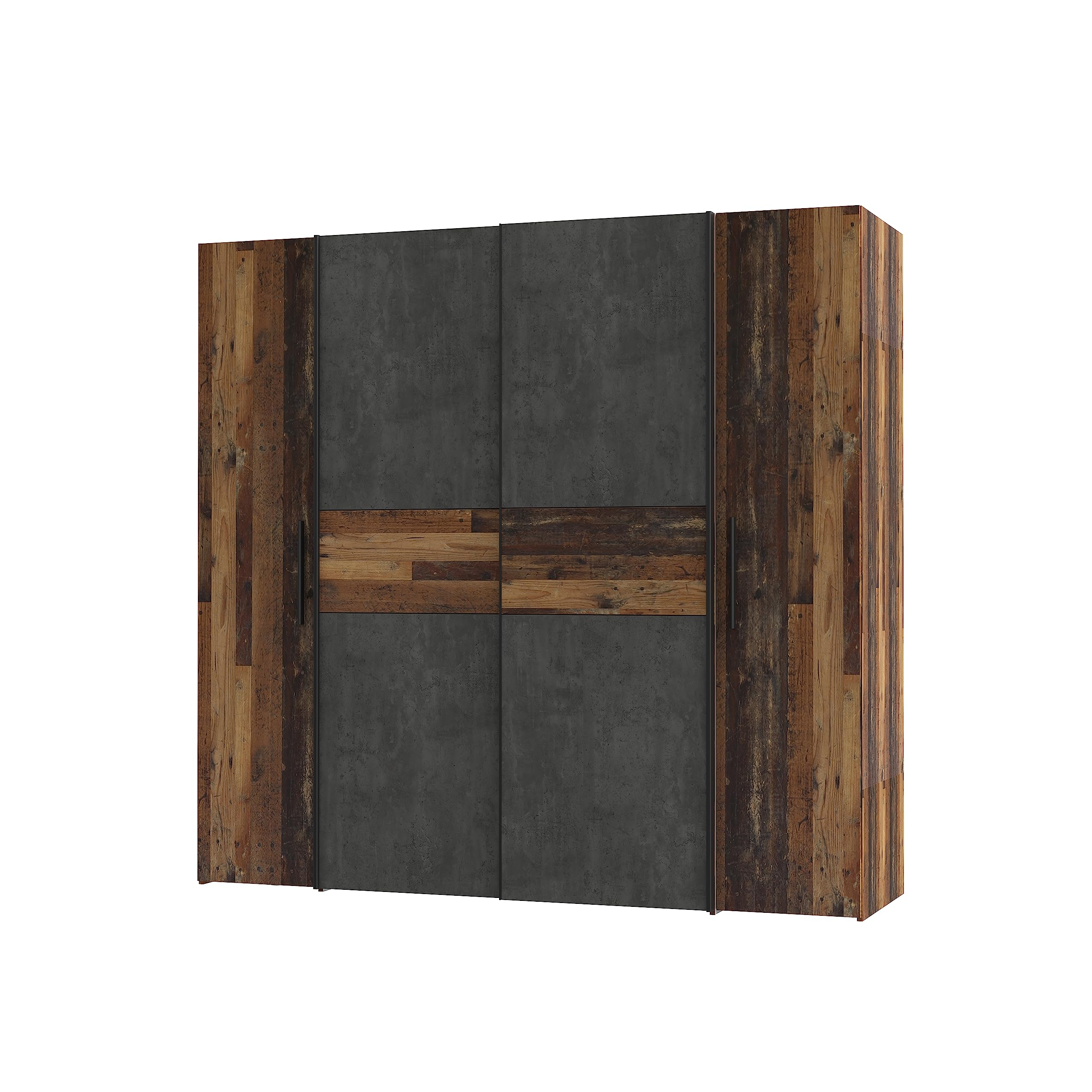 FORTE KALIXTUS Schrank 200, Kleiderschrank, Schwebetürenschrank Industrial Schlafzimmer Drehtürenschrank, 4-türig Old – Wood Vintage / Betonoptik Dunkelgrau, 200 cm breit x 190.5 cm hoch x 62 cm tief