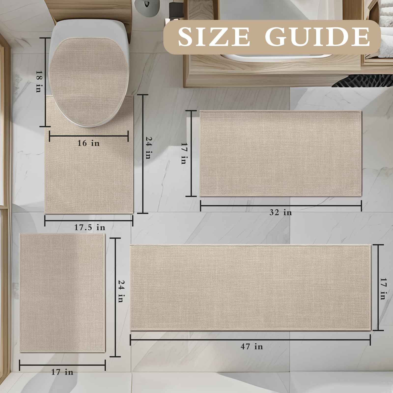 YIHOUSE Set di 5 tappetini da bagno assorbenti, antiscivolo, lavabili, ad asciugatura rapida, sottili, per WC e pavimento, colore: beige