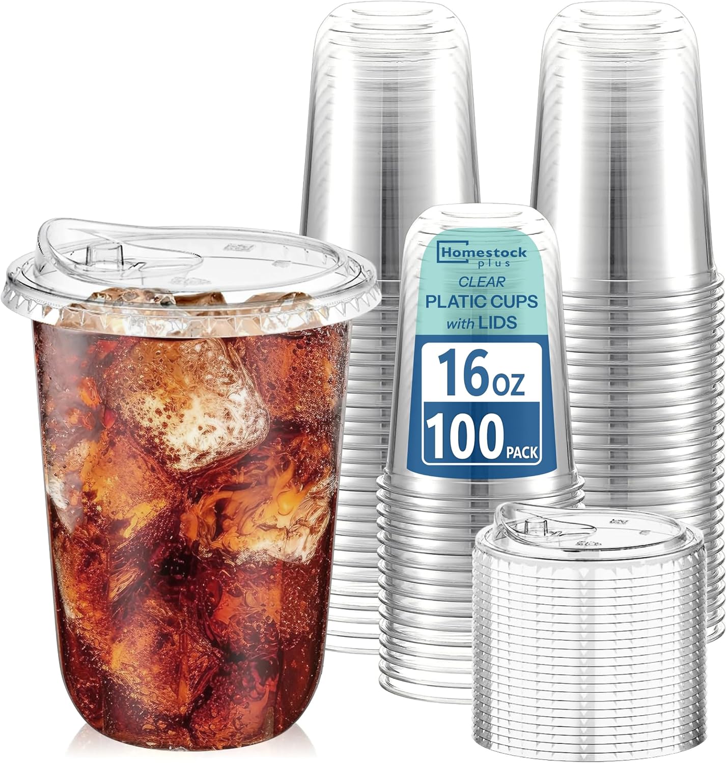 Homestockplus 16 oz Clear Plastic Cups with Lids (100 Pack) - Strawless Sip Lids, Leak-Proof & BPA-Free Iced Coffee Cups - Disposable Cold Drink Cups for Smoothies, Milkshake, Parties, Events Clear 100 Pack 16 Oz