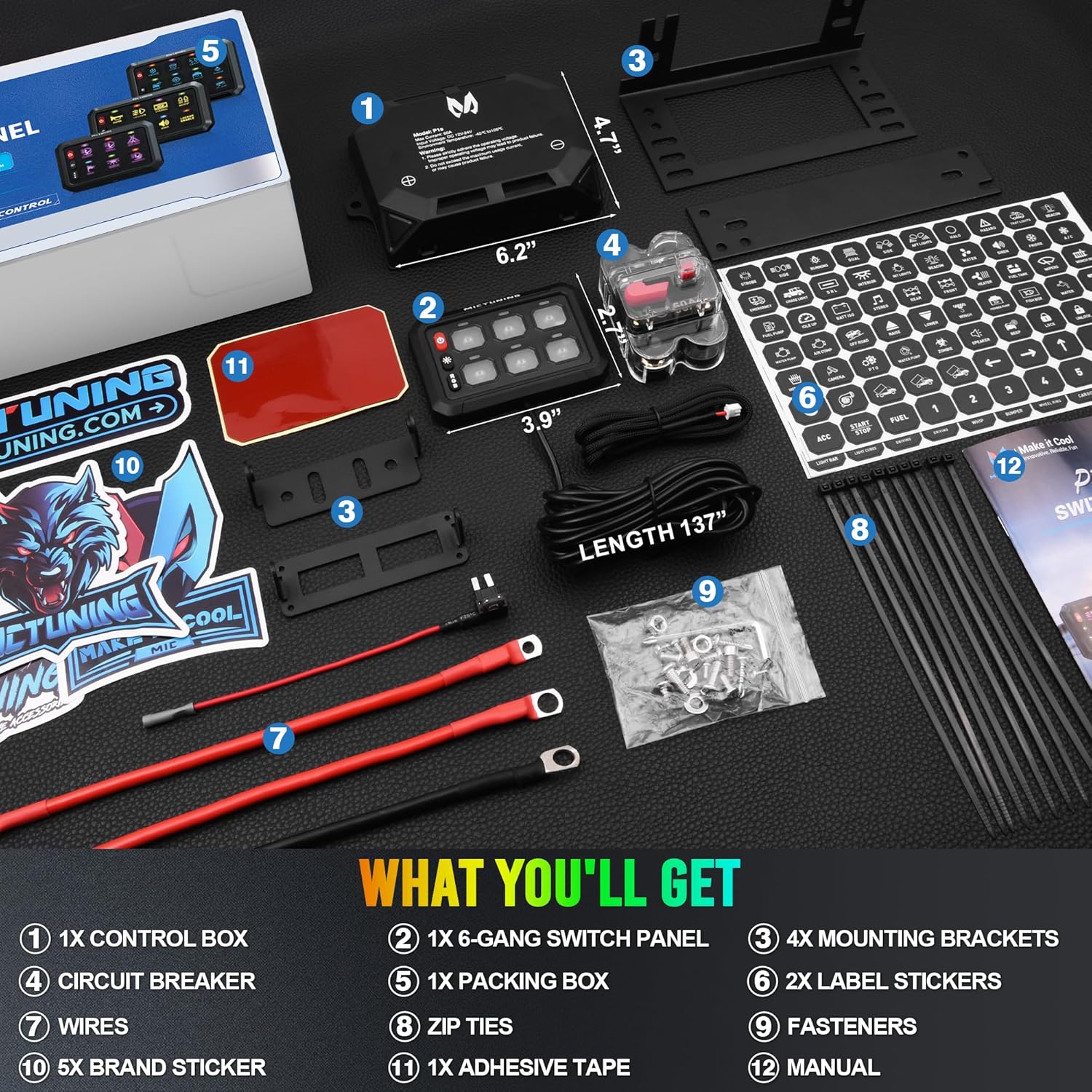 MICTUNING P1s RGB 6 Gang Switch Panel, Multifunction Toggle Momentary Strobe Pulsed Switch Pod with Backlit Off 6 Level Brightness Circuit Control Relay System Box for Truck RV Offroad Marine