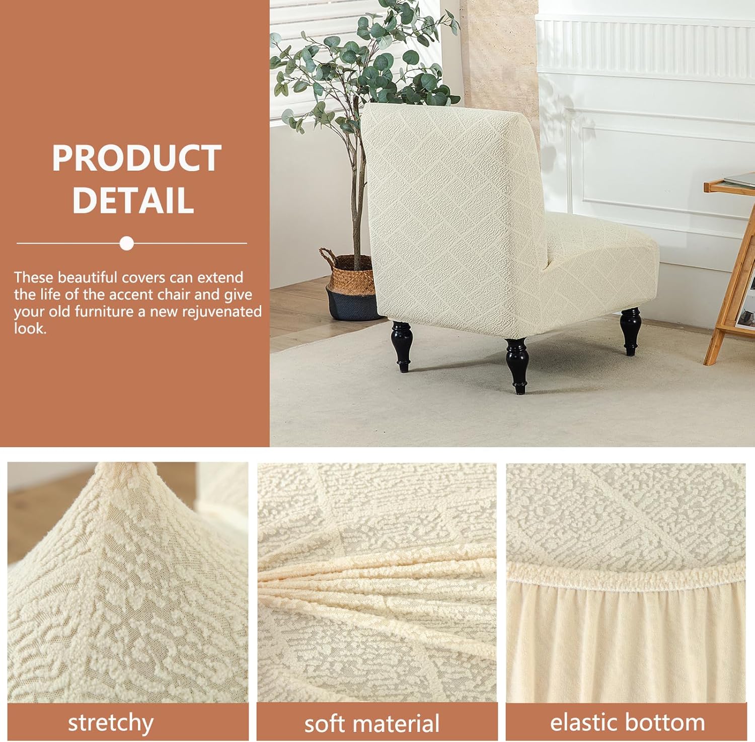 Armless Chair Cover, Elastic Fiber Material, Wrinkle-Resistant Fabric Furniture Protector(Beige,2pcs)