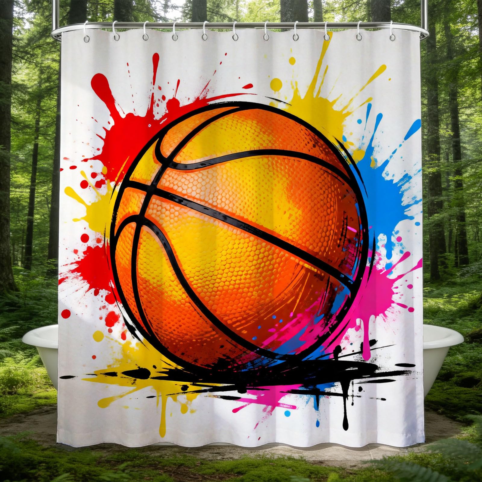 Hongduo White 3D Basketball Shower Curtain For Stalls Bathtubs Sport Bathroom Decor Shower Curtain Set Polyester Fabric Waterproof 180X200cm/71X79 Inch With Hooks