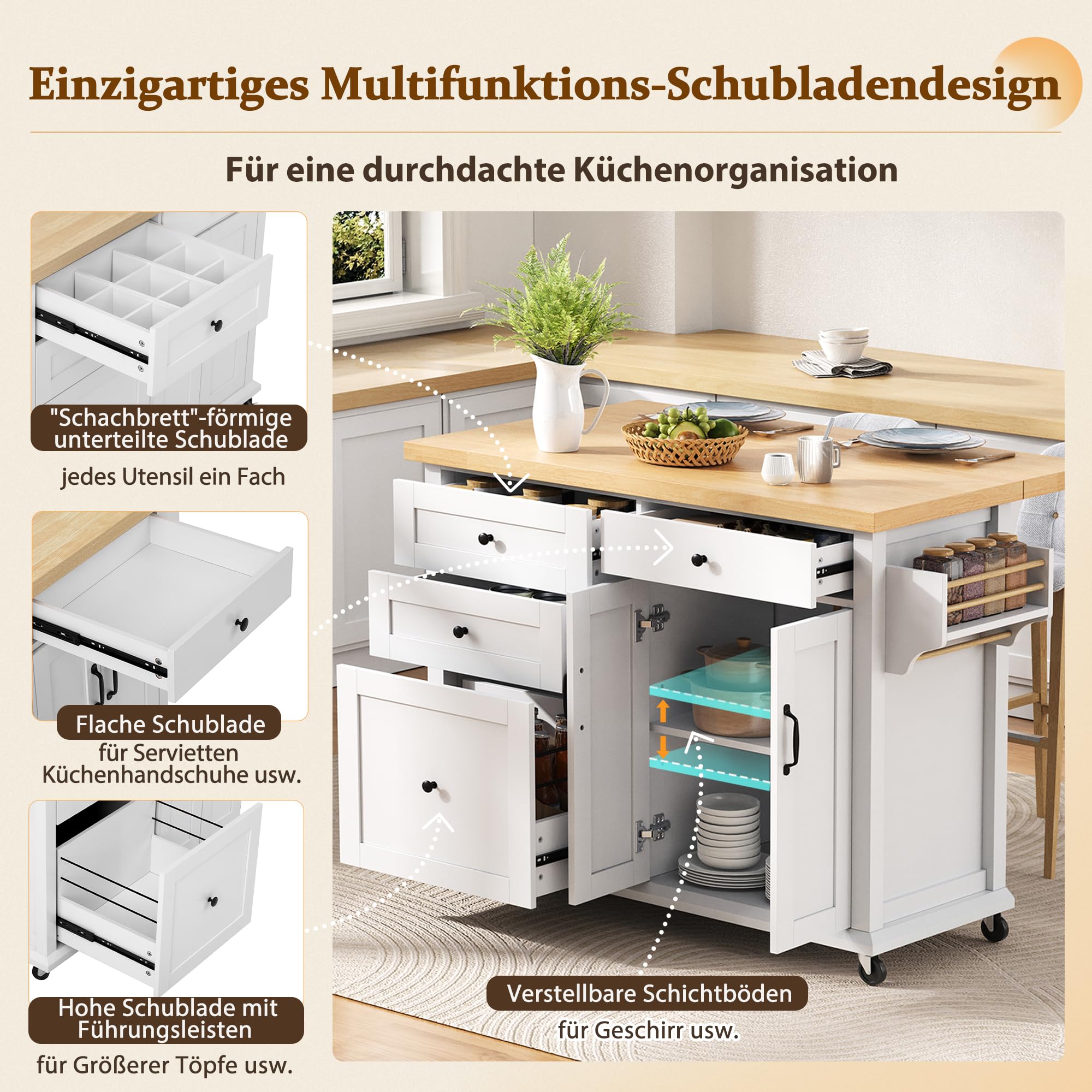 Isola da cucina mobile, carrello da cucina, tavolo da pranzo estensibile, armadio da cucina con ruote, cassetti multifunzione, per cucina, sala da pranzo, 107 x 45 x 90,5 cm (bianco)
