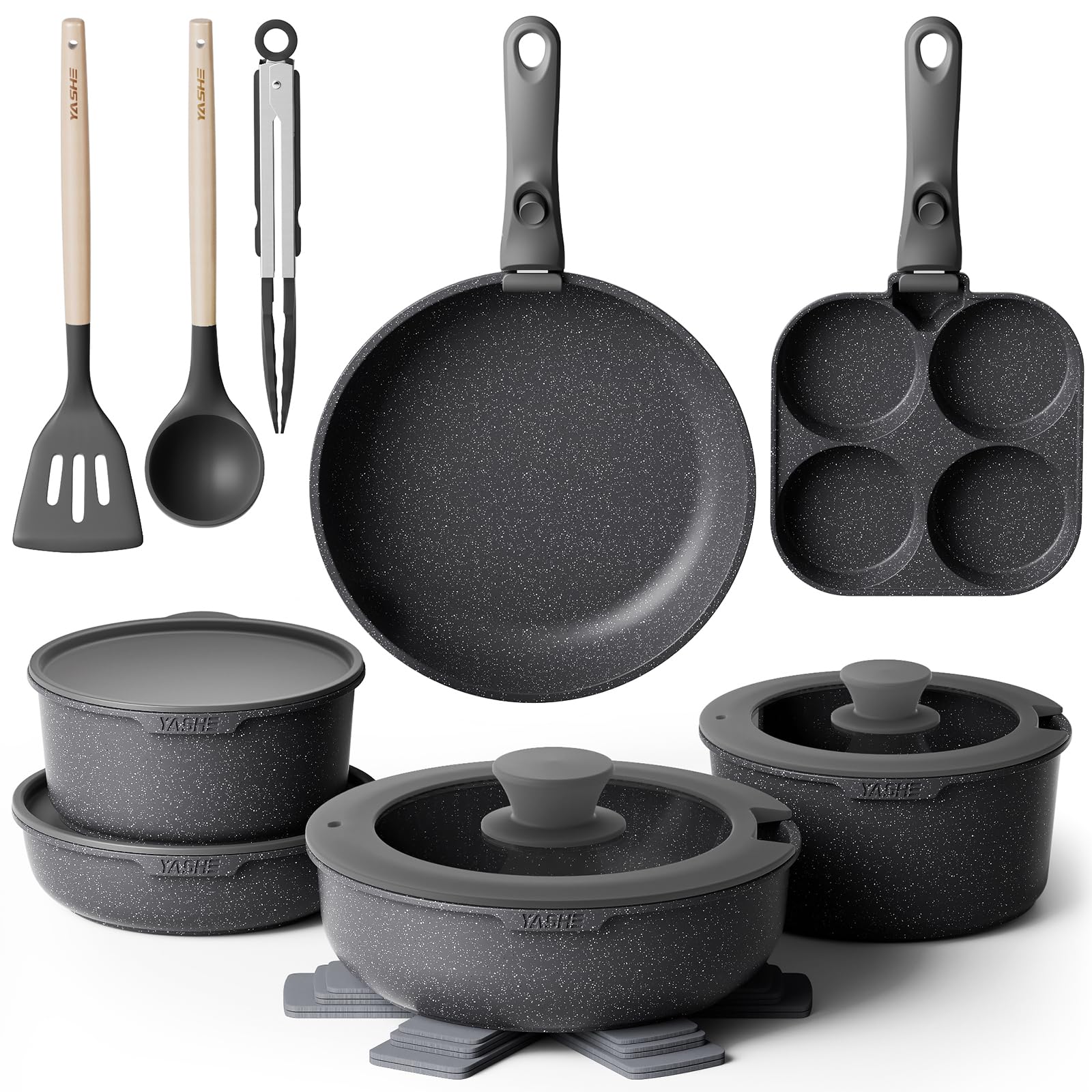 YASHE 20-teiliges Topfset mit Antihaftbeschichtung, abnehmbare Griffe, induktionsgeeignet, Backofen bis 230 °C, spülmaschinenfest, stapelbar, ideal für Familien, Grau