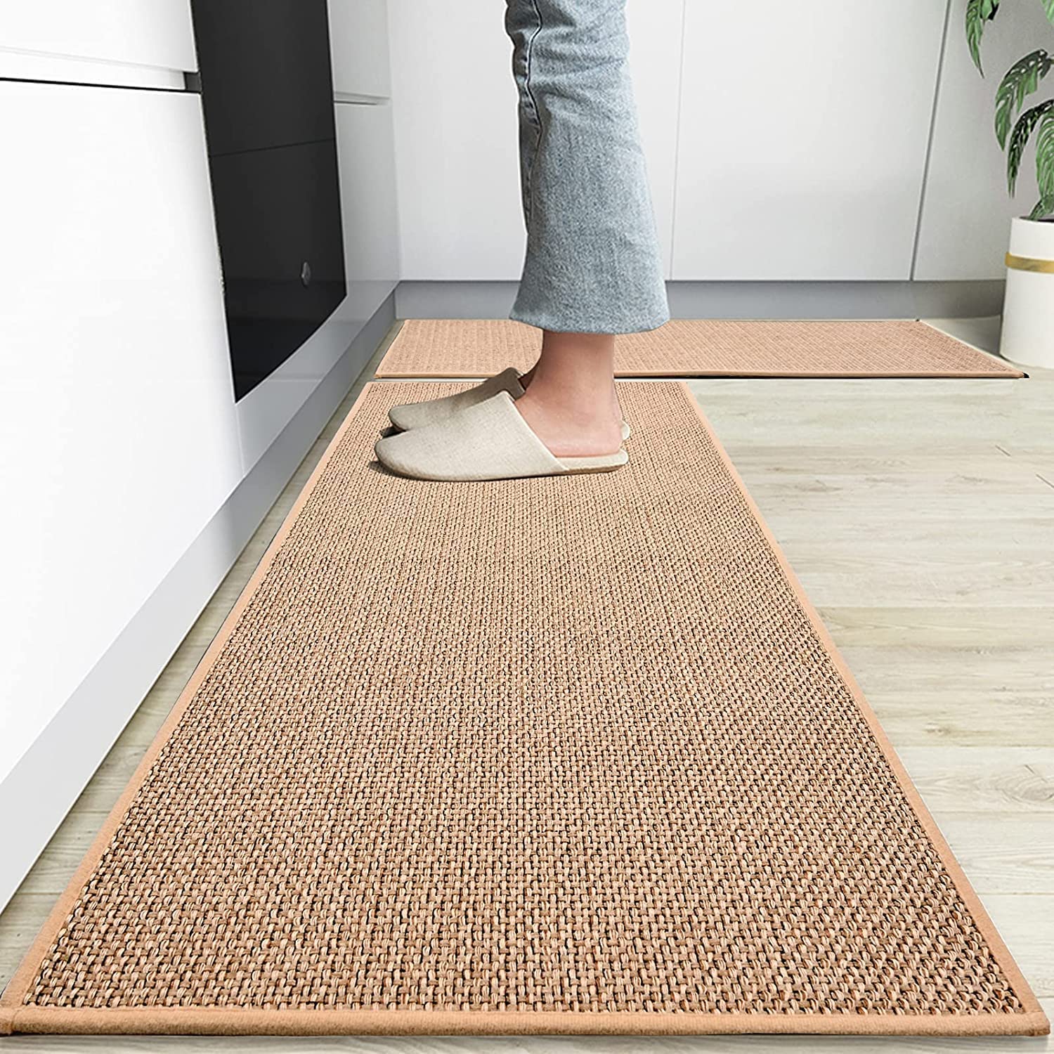 SKADE Kitchen Rug Mats Washable Kitchen Floor Mat Non-Skid Natural Rubber Kitchen Mats for Floor Runner Rugs Set for Floor Front of Sink, Hallway, Laundry Room (44x120cm + 44x75cm, Oats)