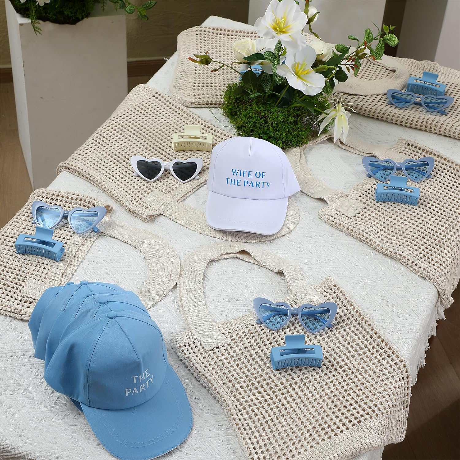 24 Pcs Last Toast on the Coast Gifts Set for 6 - Wife of the Party Hat, Hair Claw Clips, Crochet Tote Bags, Sunglasses - Blue & White Bachelorette Accessories for Bridal Shower Party