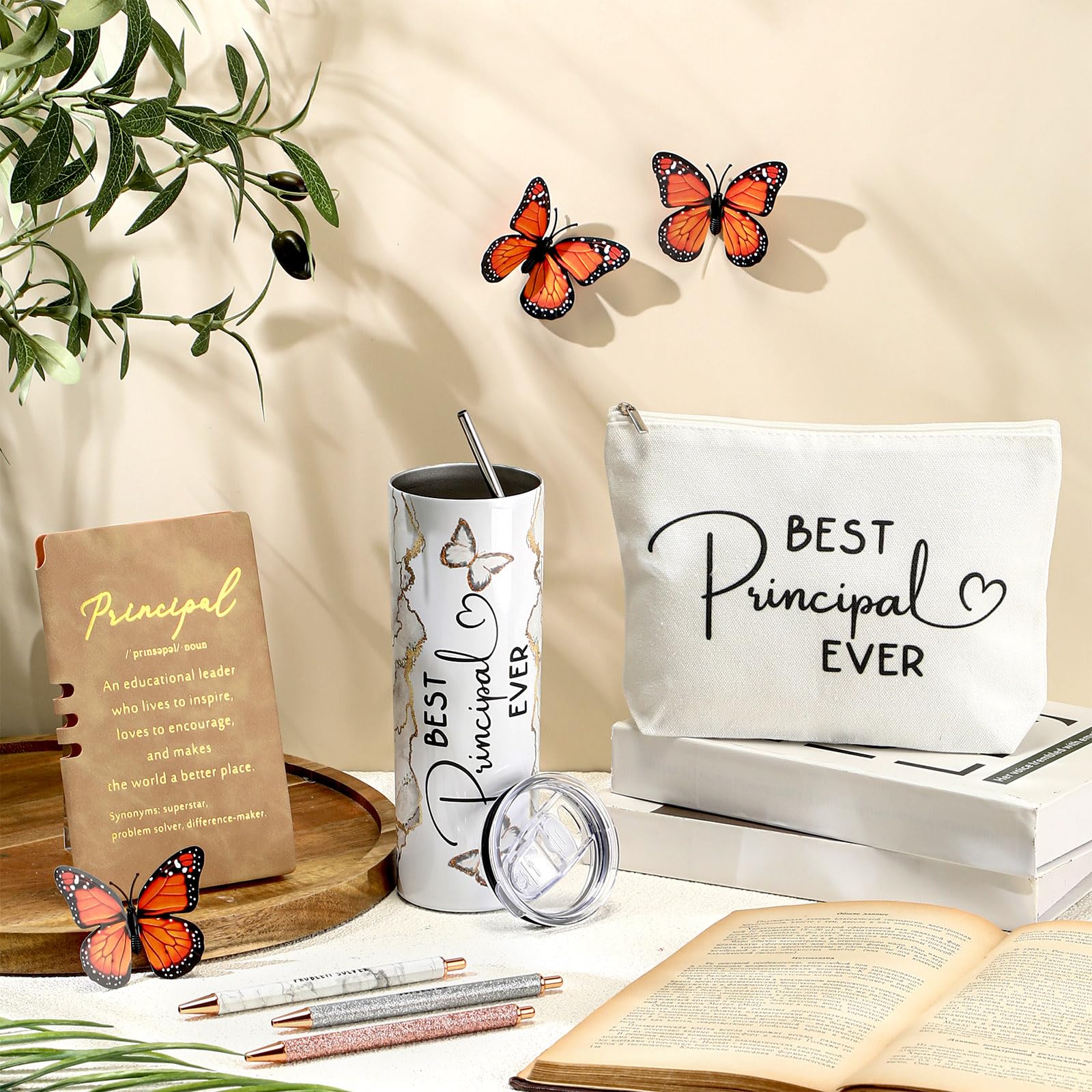 Domensi 6 Pcs End of The Year Gifts for Principal Thank You Gift 20oz Rustic Butterfly Marble Sign Tumbler Makeup Bag Journal for Assistant Principal School Office Birthday Retirement (White)