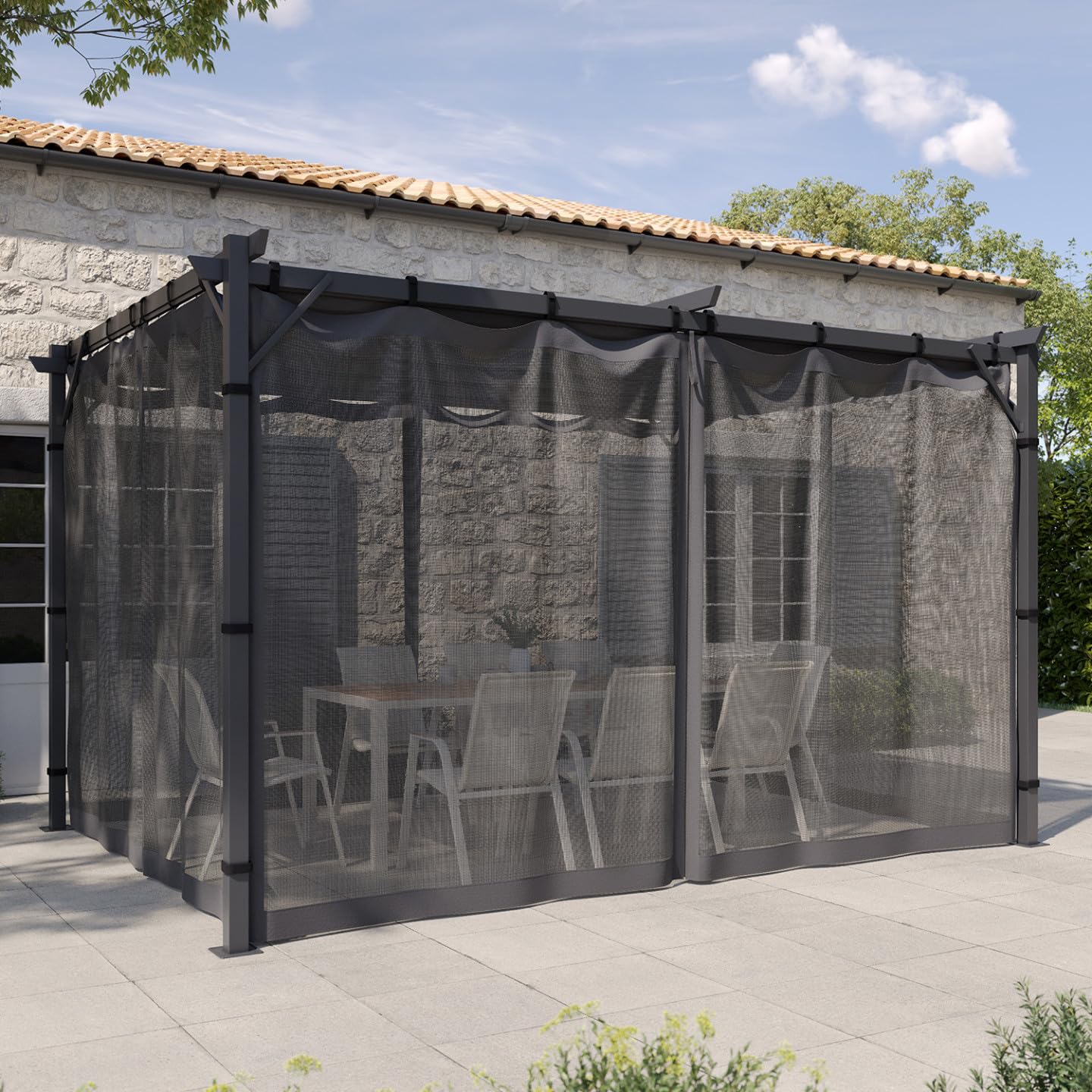 IDMarket - Set di 4 zanzariere 3x4 Grigie con Cerniera per pergola + Ganci