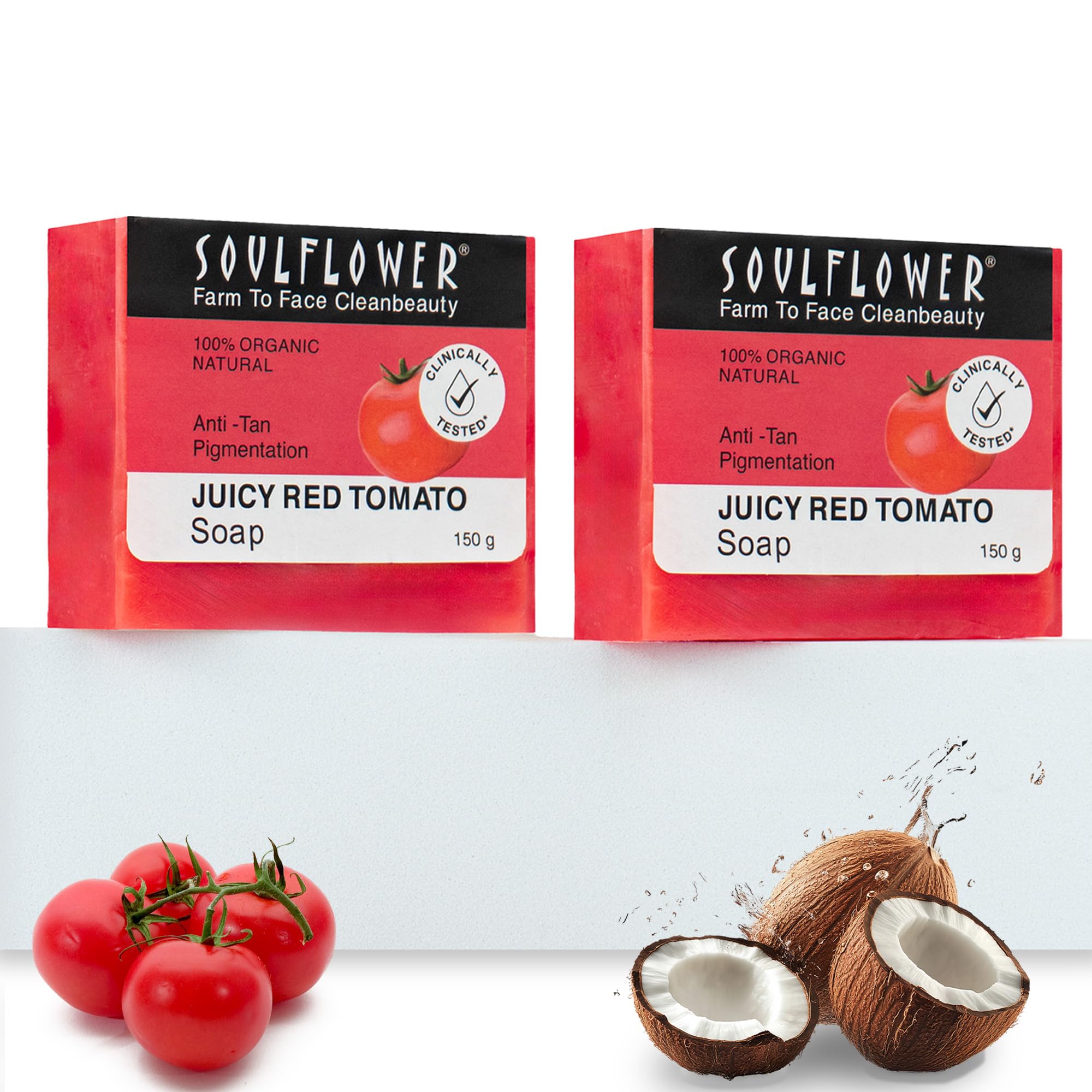 Soulflower Juicy Red Natural Tan Removal Tomato Soap (150 Gms Pack of 2) Paraben Free, Handmade, Cold-Processed, Skin Brightening Bar for Acne, Pimples & Sensitive Skin For Men & Women
