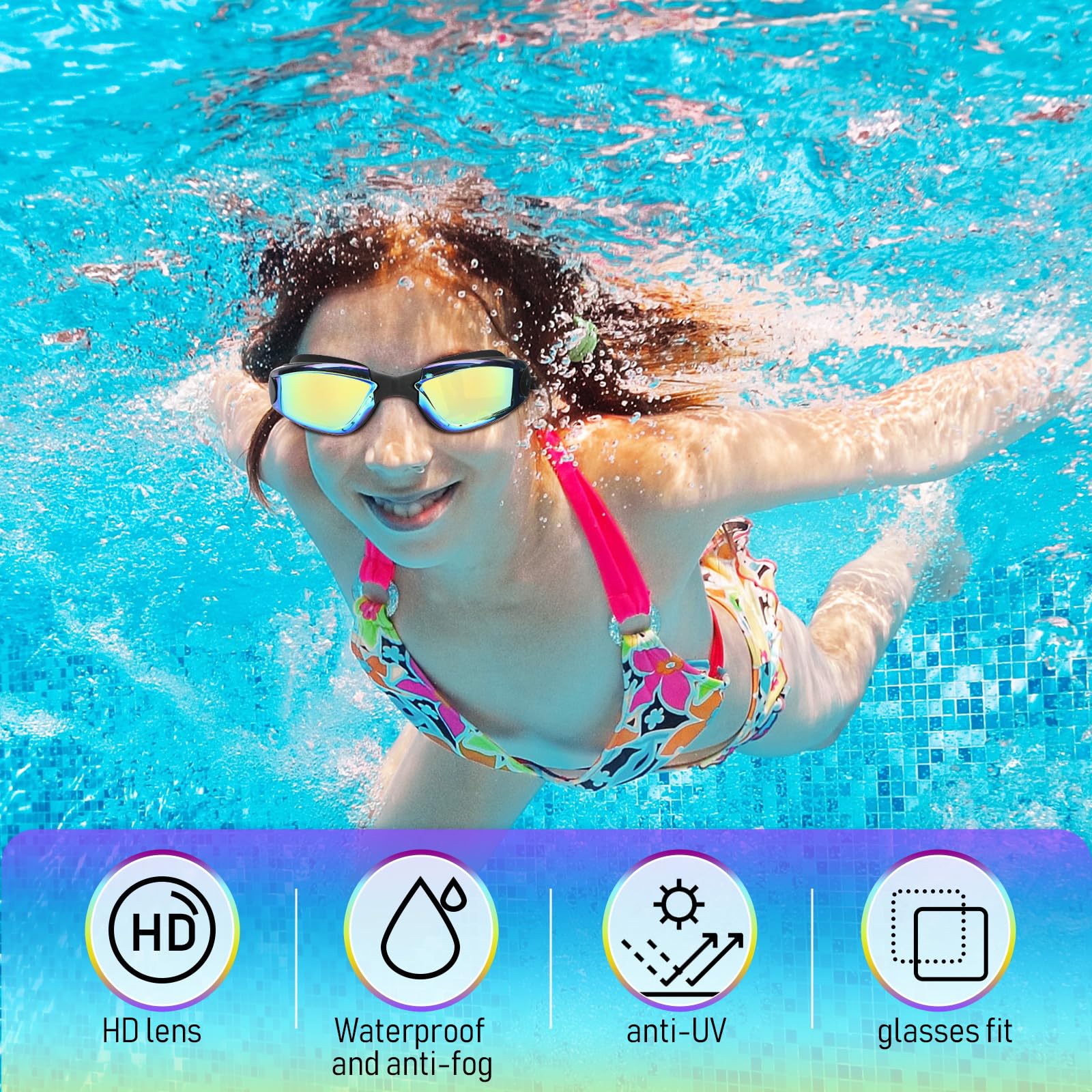 Flutesan Schwimmbrille aus Silikon, verstellbar, beschlagfrei, mit Nasenklammer und Ohrstöpseln für Erwachsene, Herren, Damen, Jugendliche, Wasserpool, Schwimmen, 3 Farben (stilvolle Farbe), 3 Stück