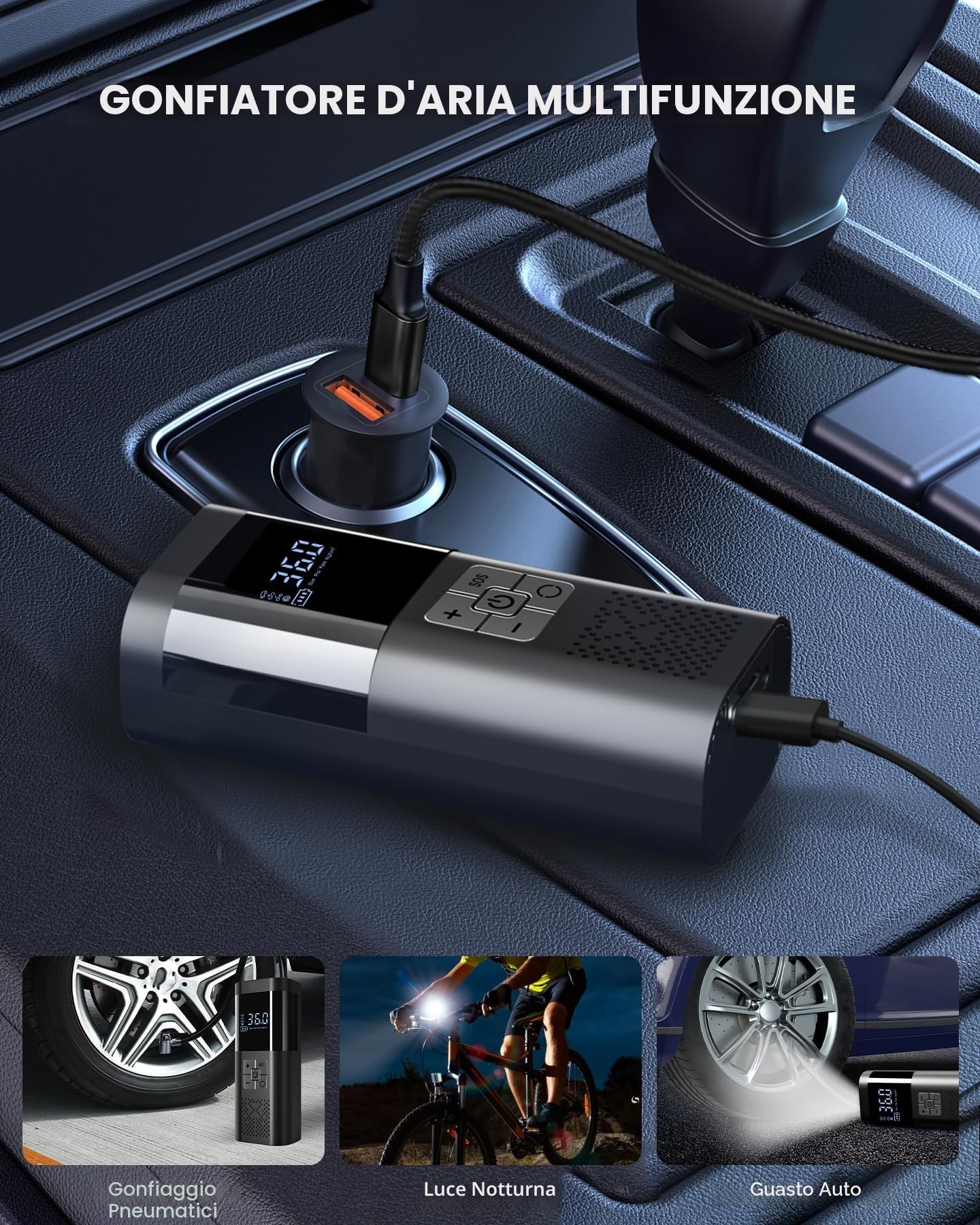 Compressore Aria Portatile, Mini Compressore a Batteria con Manometro, Accessori Auto per Gli Uomini Donne, 150PSI Gonfiatore Elettrico con Luce LED Adatto per Auto Moto Bici Palla