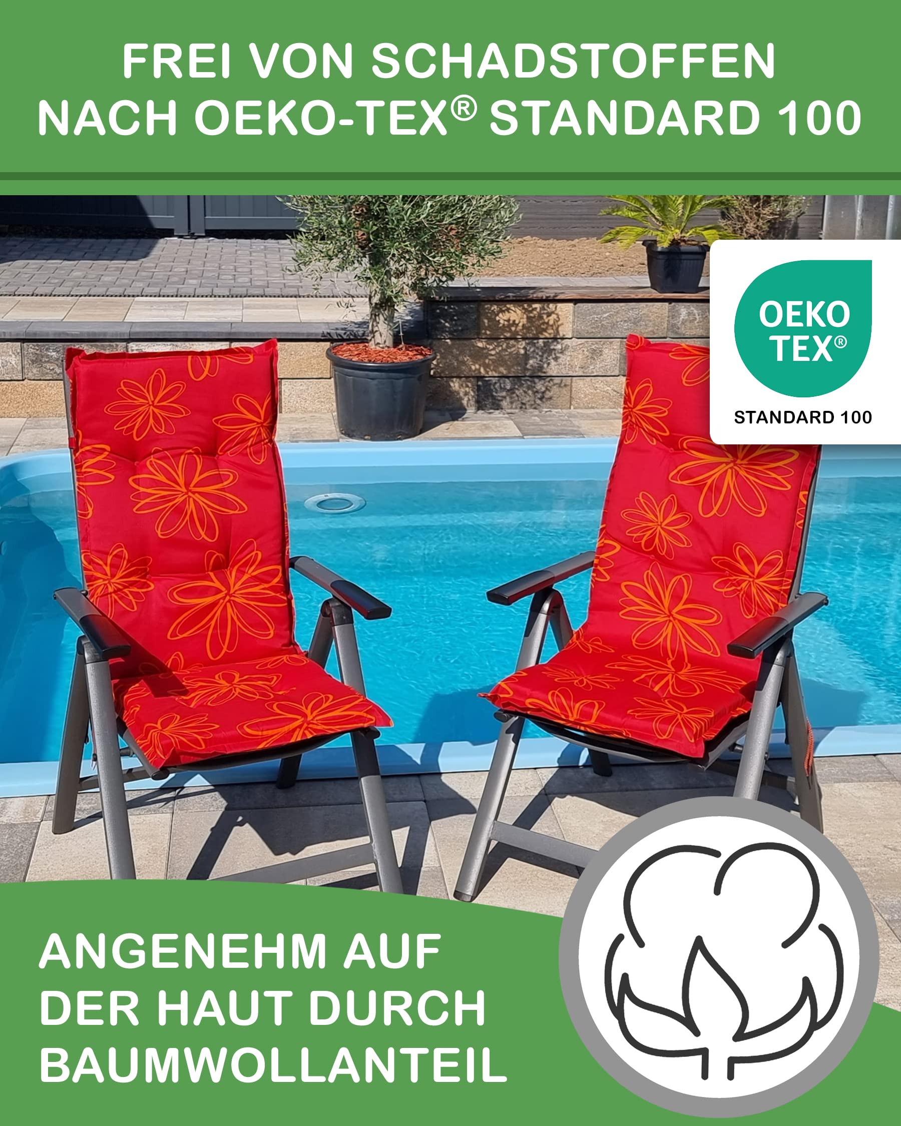 DILUMA Hochlehner Auflage Naxos für Gartenstühle 4er Set 118x49 cm Blume Schwarz - 6 cm Starke Premium Stuhlauflage mit Komfortschaumkern - Sitzauflage Made in EU