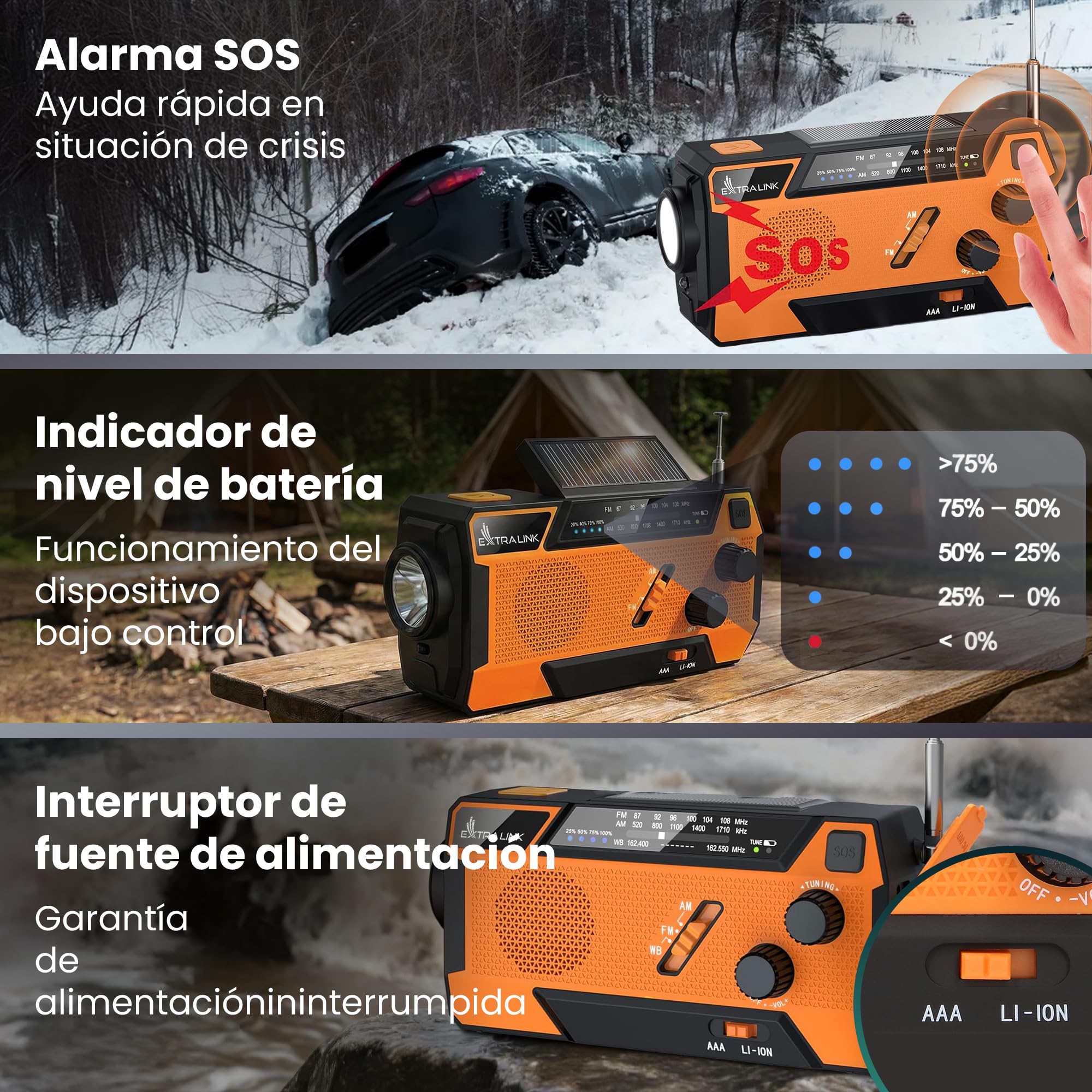 Extralink Radio Solar de Emergencia con Manivela, Función de Carga de 4000 mAh con Cables de Carga Integrados, FM/Am, Linterna LED & Luz de Lectura, Alarma SOS – para Camping y Supervivencia