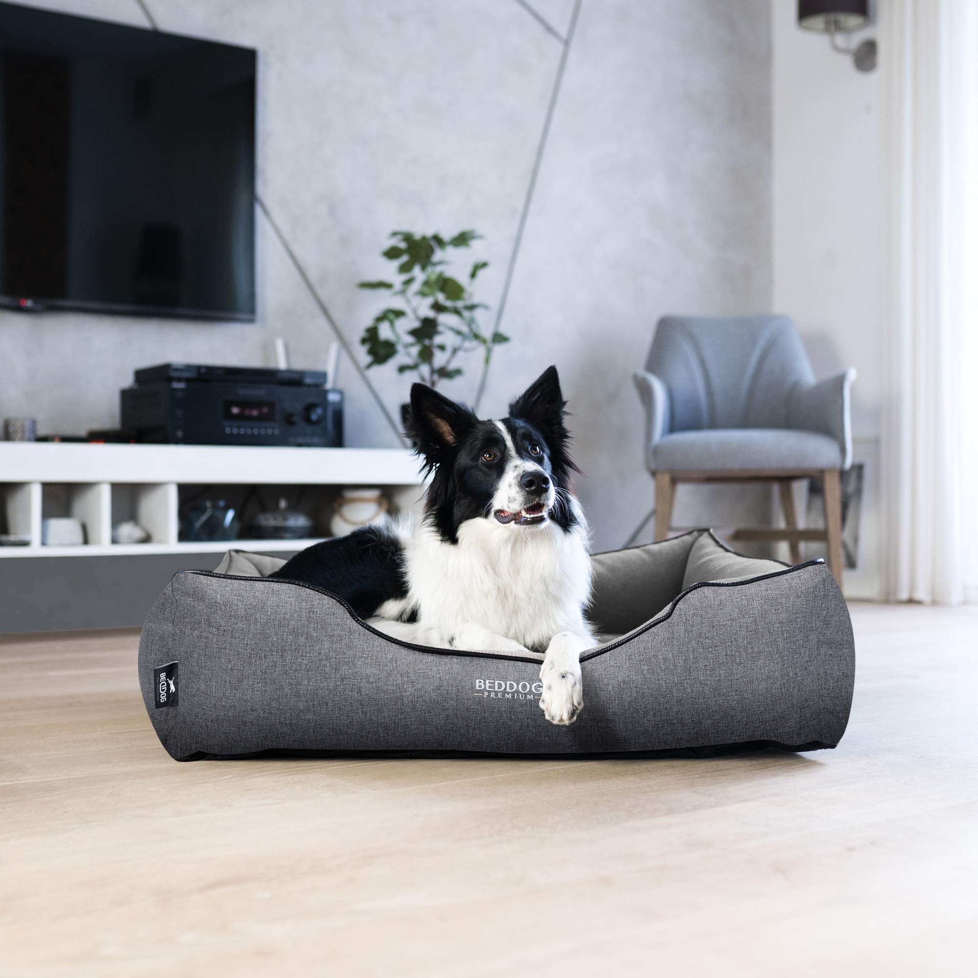 BedDog Premium Ortopedyczne legowisko dla psa CLARA, poduszka dla psa ze zdejmowanym pokrowcem, przytulny kocyk jako dodatek - ROCK (szary)