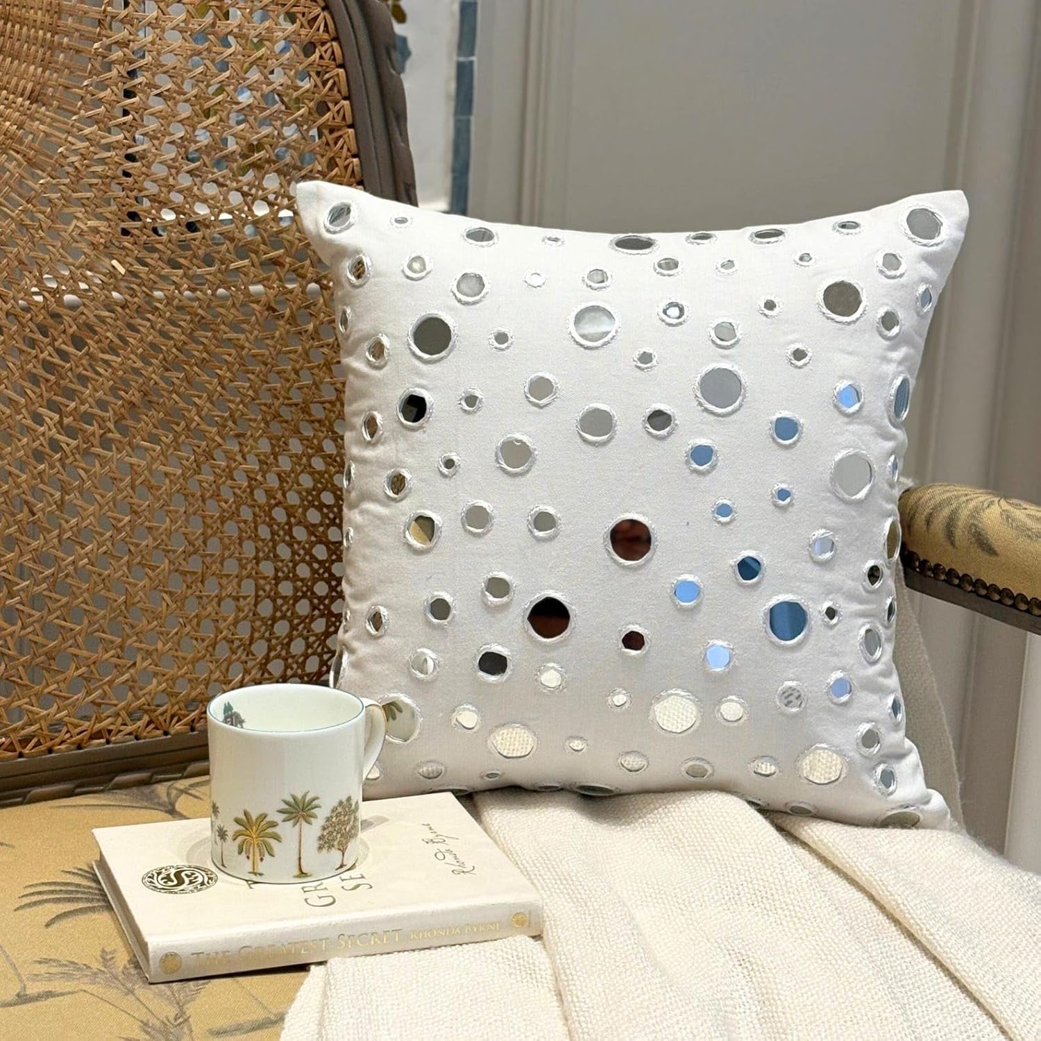 The HomeCentric Cushion Cover for Sofa, White Decorative Throw Pillow Covers 16x16 inch (40x40 cm) Cotton Throw Pillows for Couch, Circles & Dots, Mirror Embroidery, Contemporary - White Mirrors