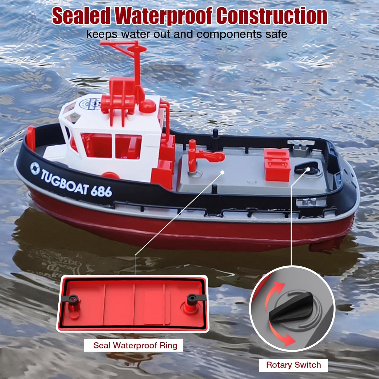 Mini RC Boat, 1/72 RC Tugboat with 2.4 GHz Remote, Two Rechargeable Batteries and LED Lights for Pools Lakes, RTR RC Boats for Adults Summer Gifts Toys (Black)