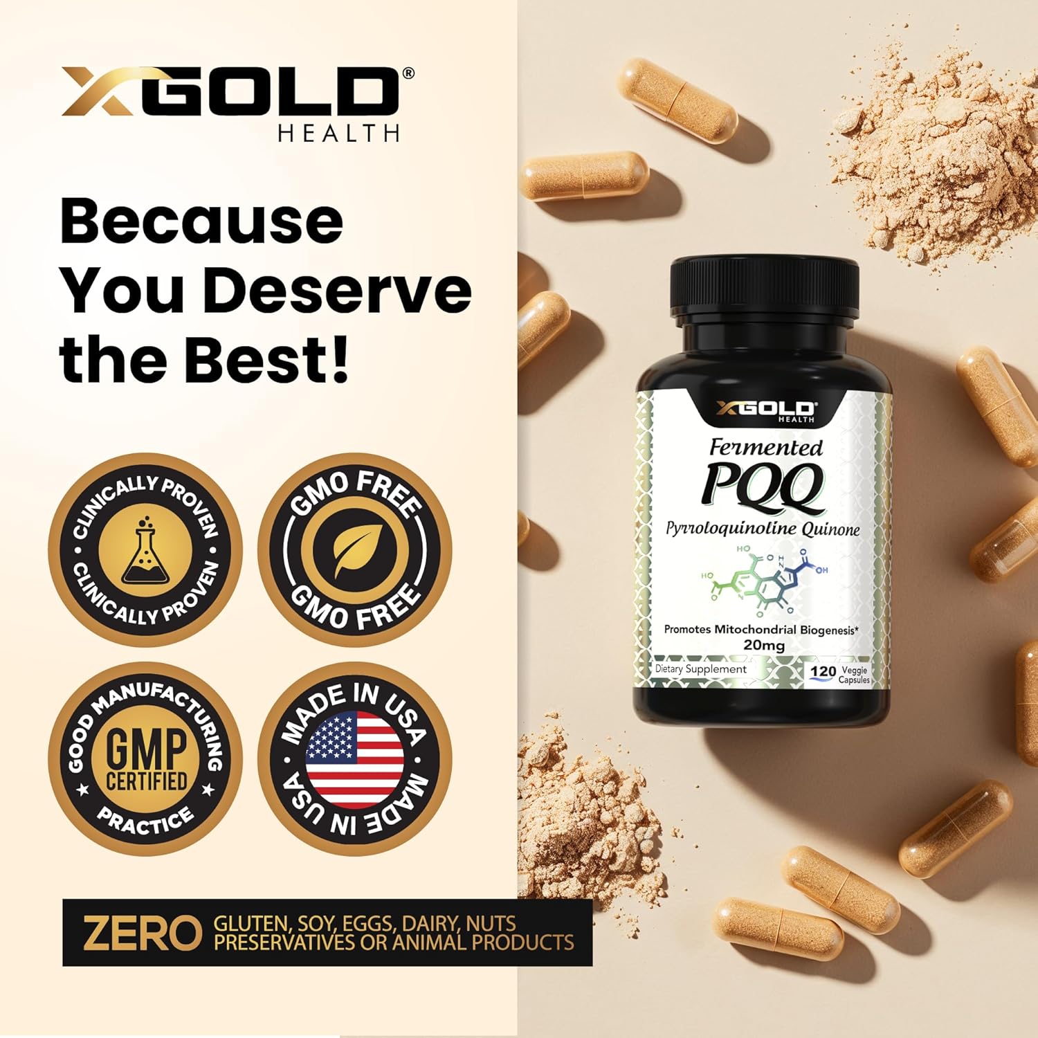 X Gold Health PQQ, pyrroloquinoline Quinone, 20 mg, Promotes The Growth of New Mitochondria, Gluten-Free, Non-GMO, Vegetarian, 120 Capsules - Image 5