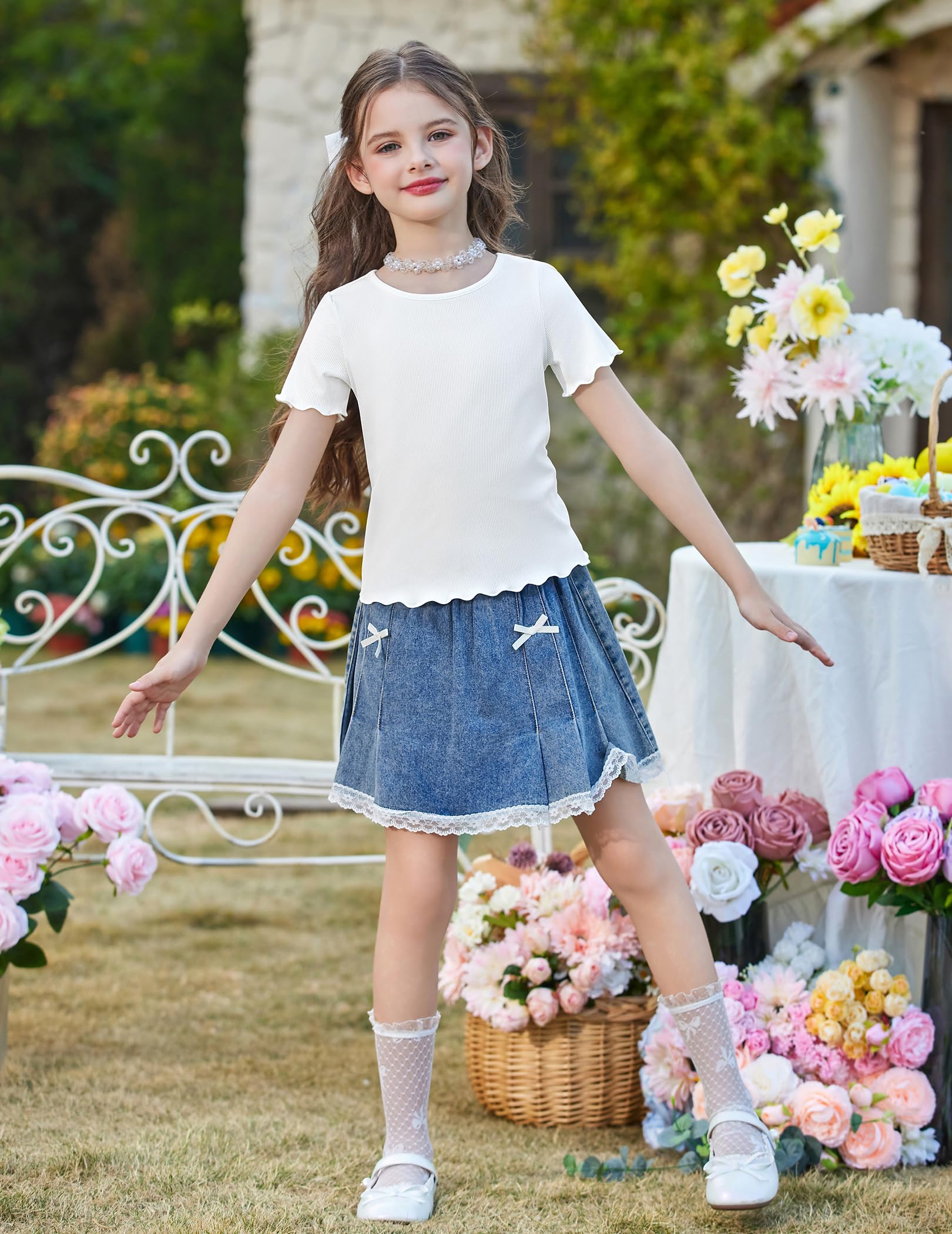 Arshiner Tshirt Mädchen Strickshirt Kurzarm Gestrickt Oberteil Dünn Kinder Sommer Rundhals Rüschen Tops T-Shirts 5-12 Jahre - 3