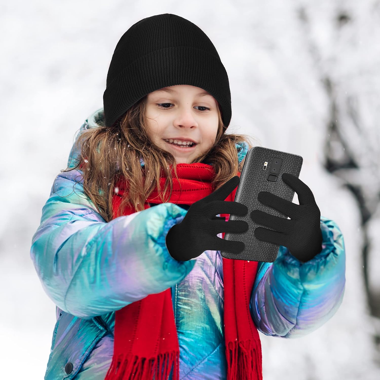 Cooraby 6 Pack Kid's Winter Beanies Hat Full Fingers Gloves Set Skull Winter Caps Stretchy Gloves for Boys Girls