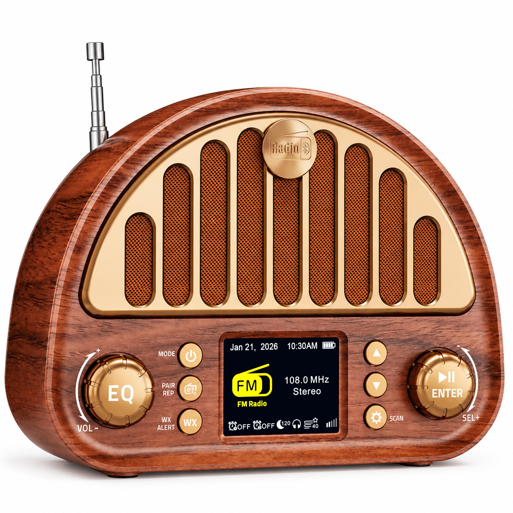 Eoxsmile Retro Portable FM Radio with NOAA Weather Alert & Bluetooth | MicroSD playback, 40 presets, dual alarms, sleep timer, clock/date display, 3000mAh rechargeable battery for bedroom and home-image-32