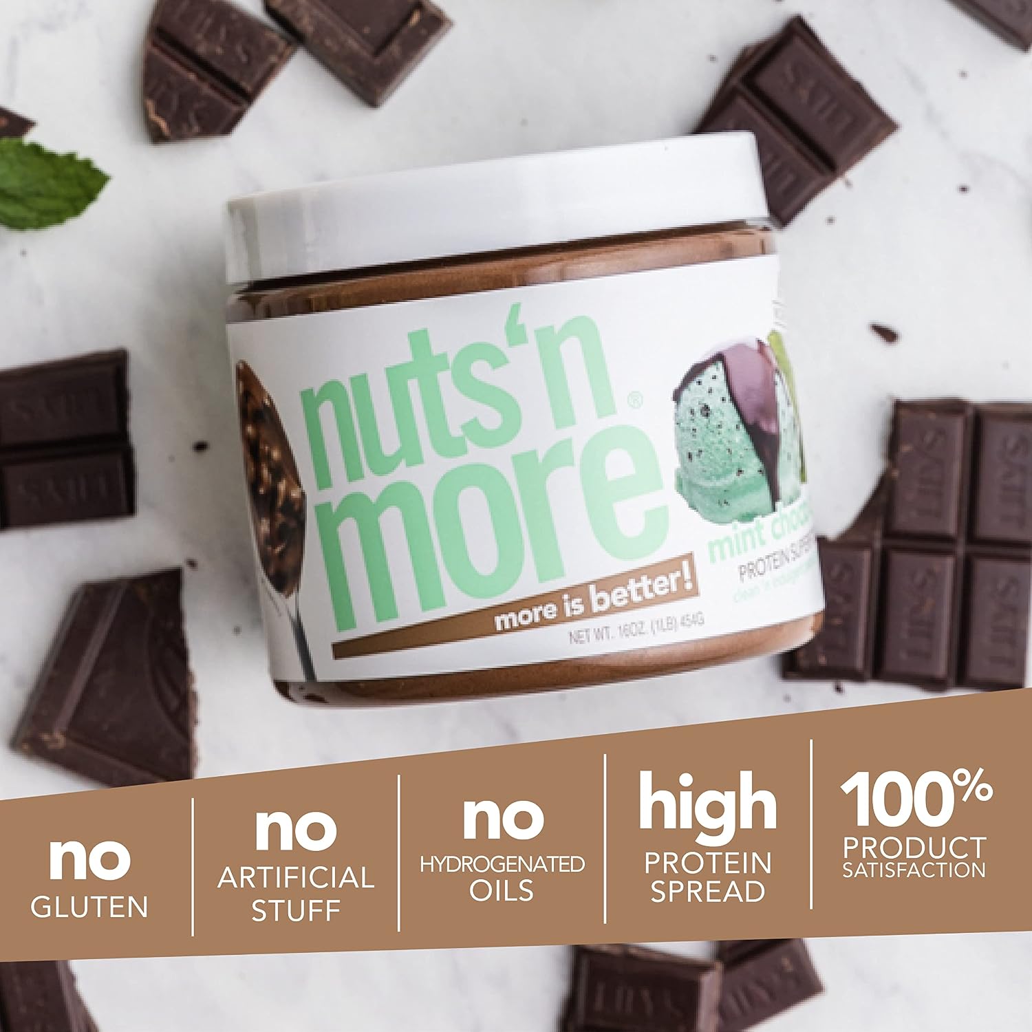 Nuts ‘N More Mint Chocolate Chip Peanut Butter Spread, Added Protein All Natural Snack, Low Carb, Low Sugar, Gluten Free, Non-GMO, High Protein Flavored Nut Butter (16 oz Jar)
