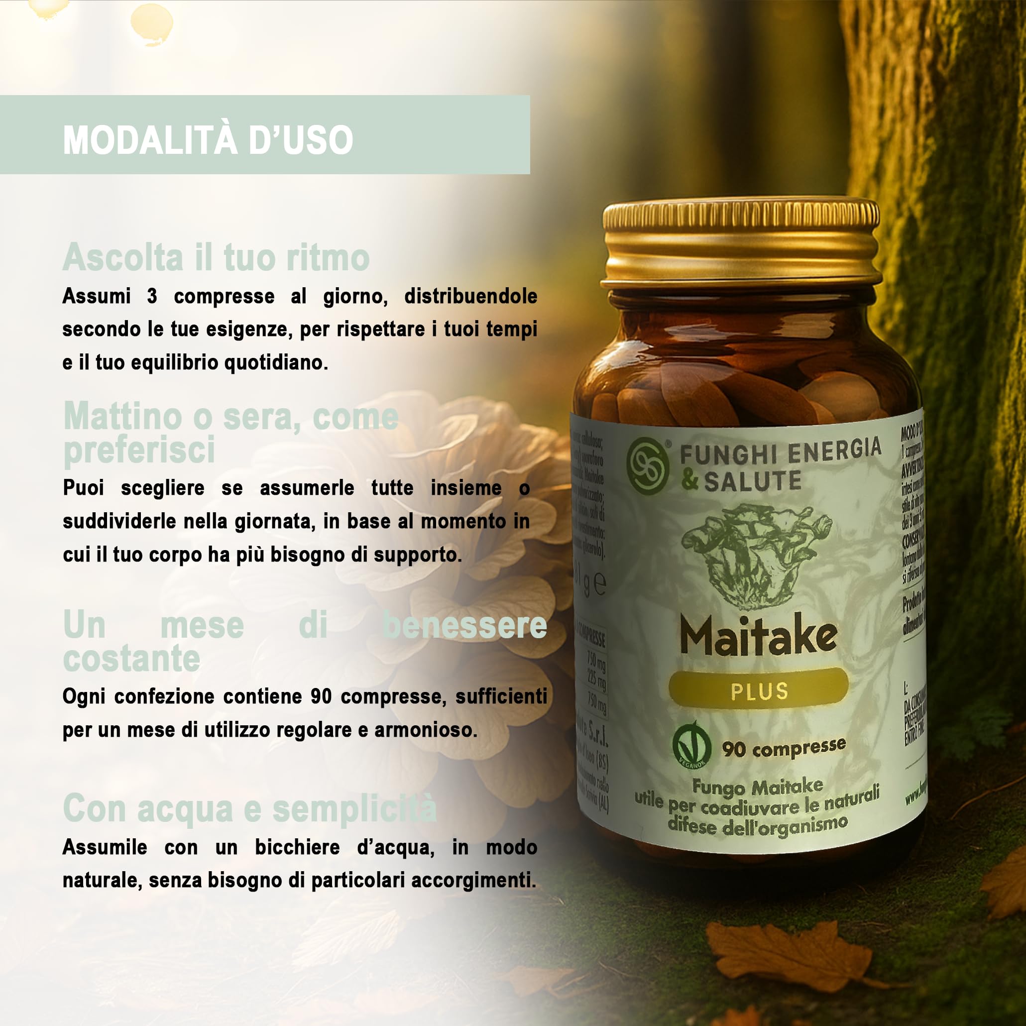 Maitake Plus, Integratore Alimentare con Funghi Medicinali, 90 Compresse 500 mg, Grifola frondosa 50% Sporoforo e 50% Estratto Secco Titolato 30% Polisaccaridi, VeganOK, Senza Glutine, Lattosio e OGM