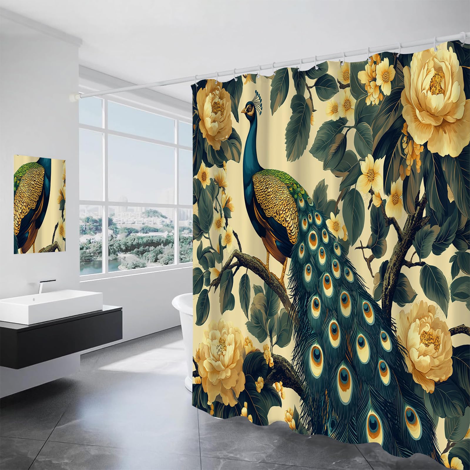 Rideau de douche paon branches fleurs jaunes 150x180cm