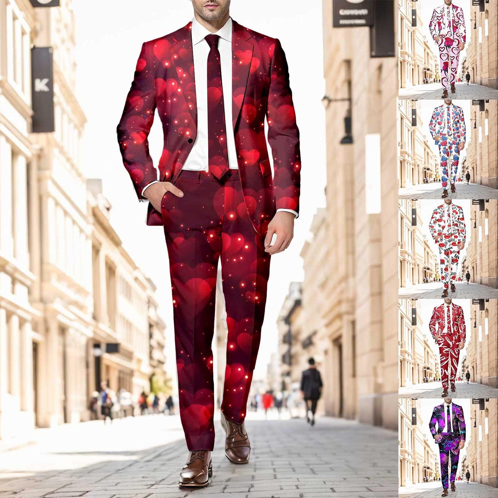 Herren-Valentinstag Anzug mit Herz-Print Drucken Anzüge Rot Smoking Herrenanzug Party Kostüm Herren Blazer für Männer Herz/Love Druck Blazer Elegante Slim Fit für Valentinstag Party Outfits