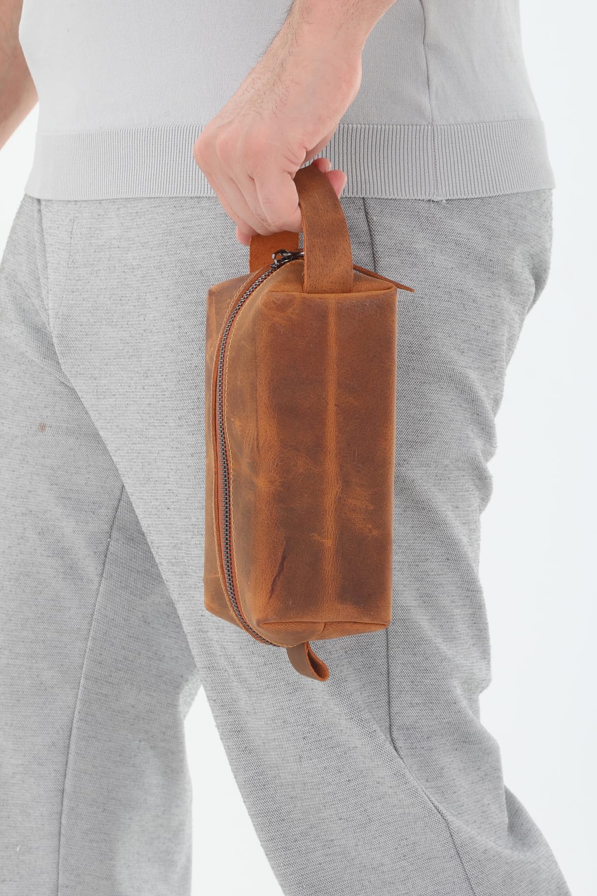 Erzeno Erkek Hakiki Deri Portföy Clutch Traş Bakım Kozmetik Çantası ve Günlük El Çantası Dopp Kit Taba