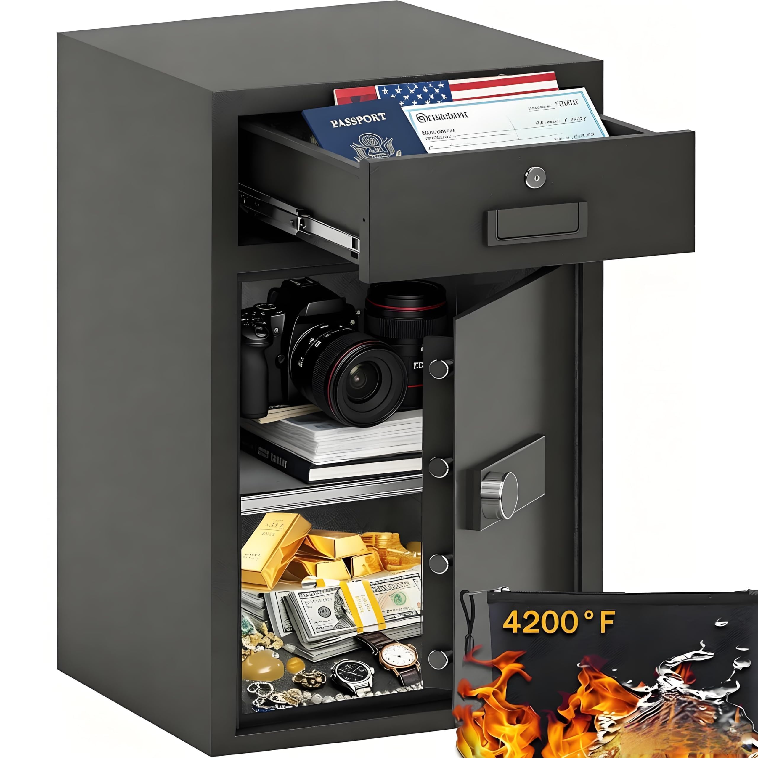 KAER Cassaforte a prova di fuoco impermeabile con cassetto, 3 metodi di sblocco, allarme vibrazione e modalità silenziosa, cassaforte impermeabile per casa, ufficio, oggetti di valore