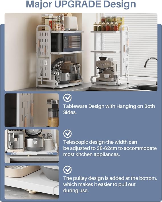 3-Tier Expandable Metal Microwave Shelf for Kitchen,White