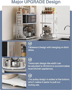 3-Tier Expandable Metal Microwave Shelf for Kitchen,White