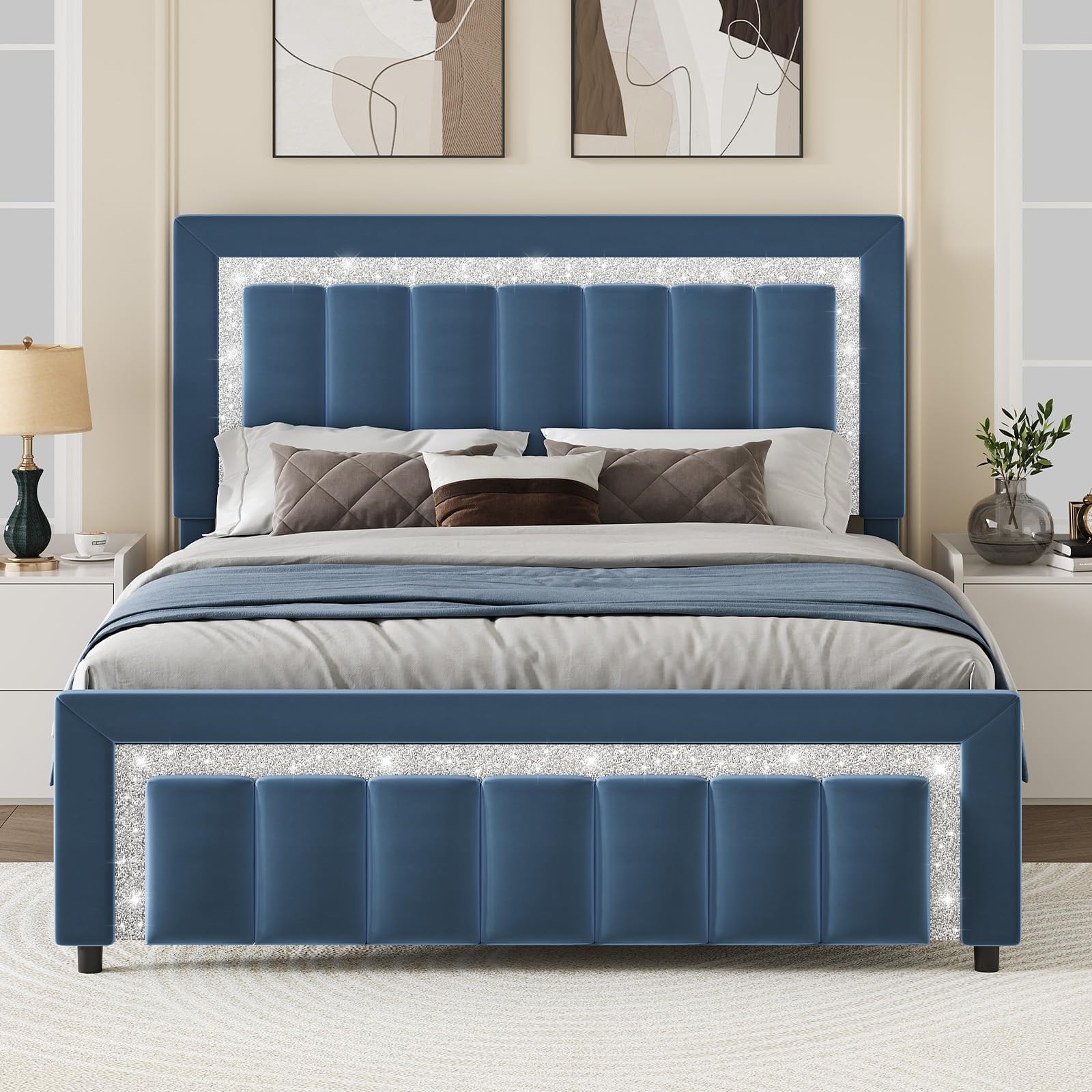 HOMBCK Queen Bed Frame with Velvet Upholstered Headboard, Blue