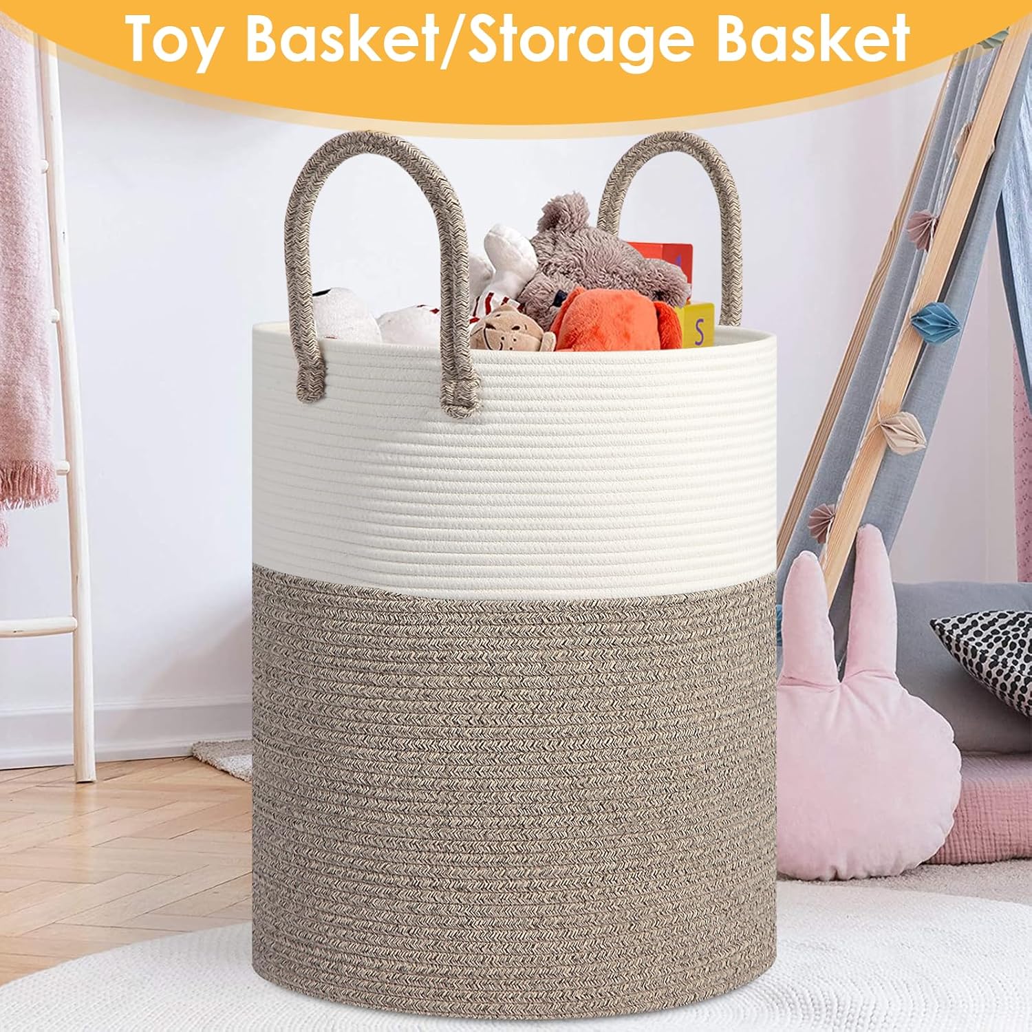 Large Woven Laundry Basket Hamper, 60L Cotton Rope Storage Basket for Blankets in Living Room, Decorative Tall Nursery Hamper for Clothes and Toys, White and Brown - Image 5