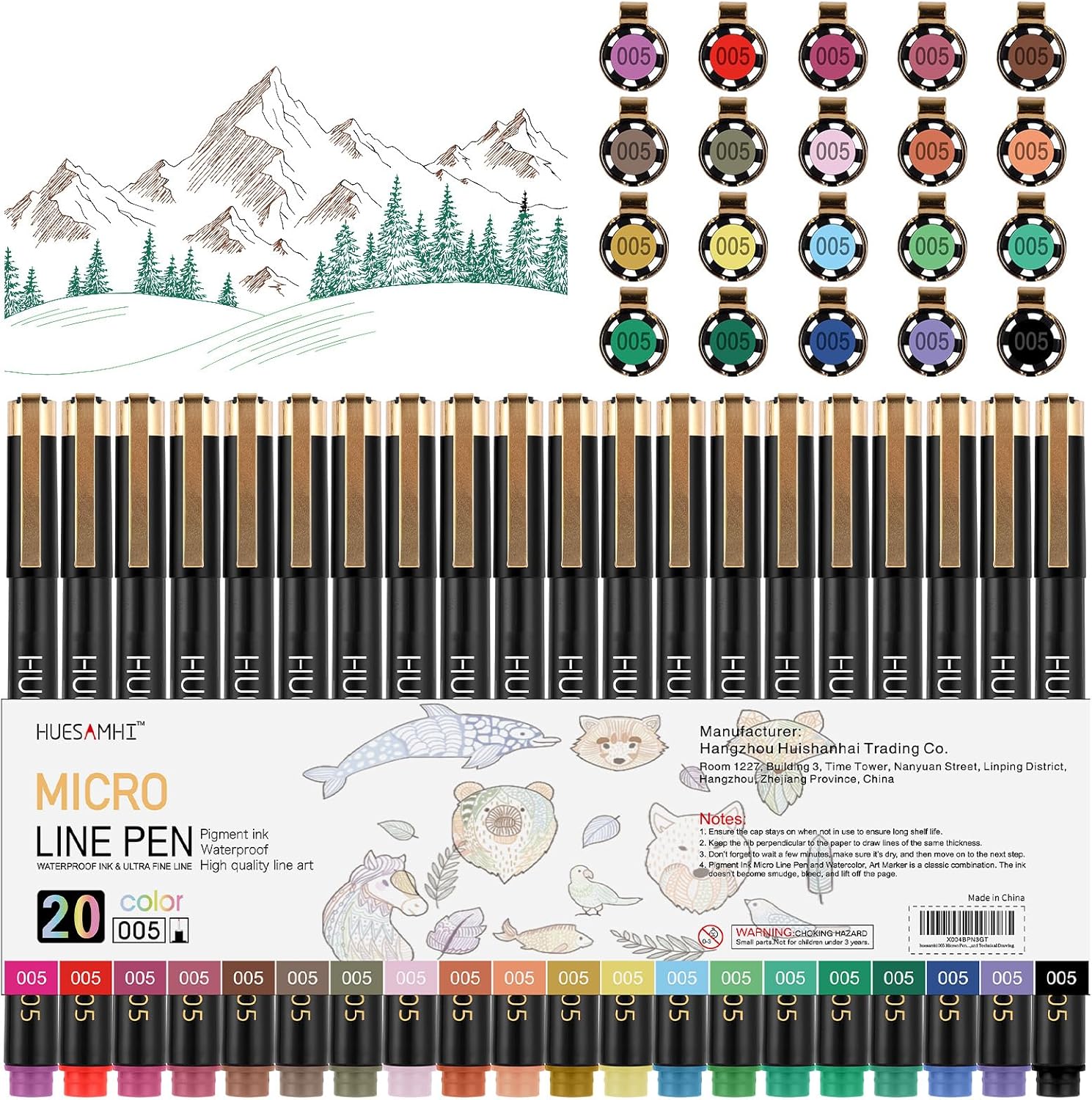 005 Micro Pen 20 Colors 0.20mm FineLiner Pens for Art Waterproof Ink Fine Tip Illustration Sketching, Anime Bullet Journal and Technical Drawing