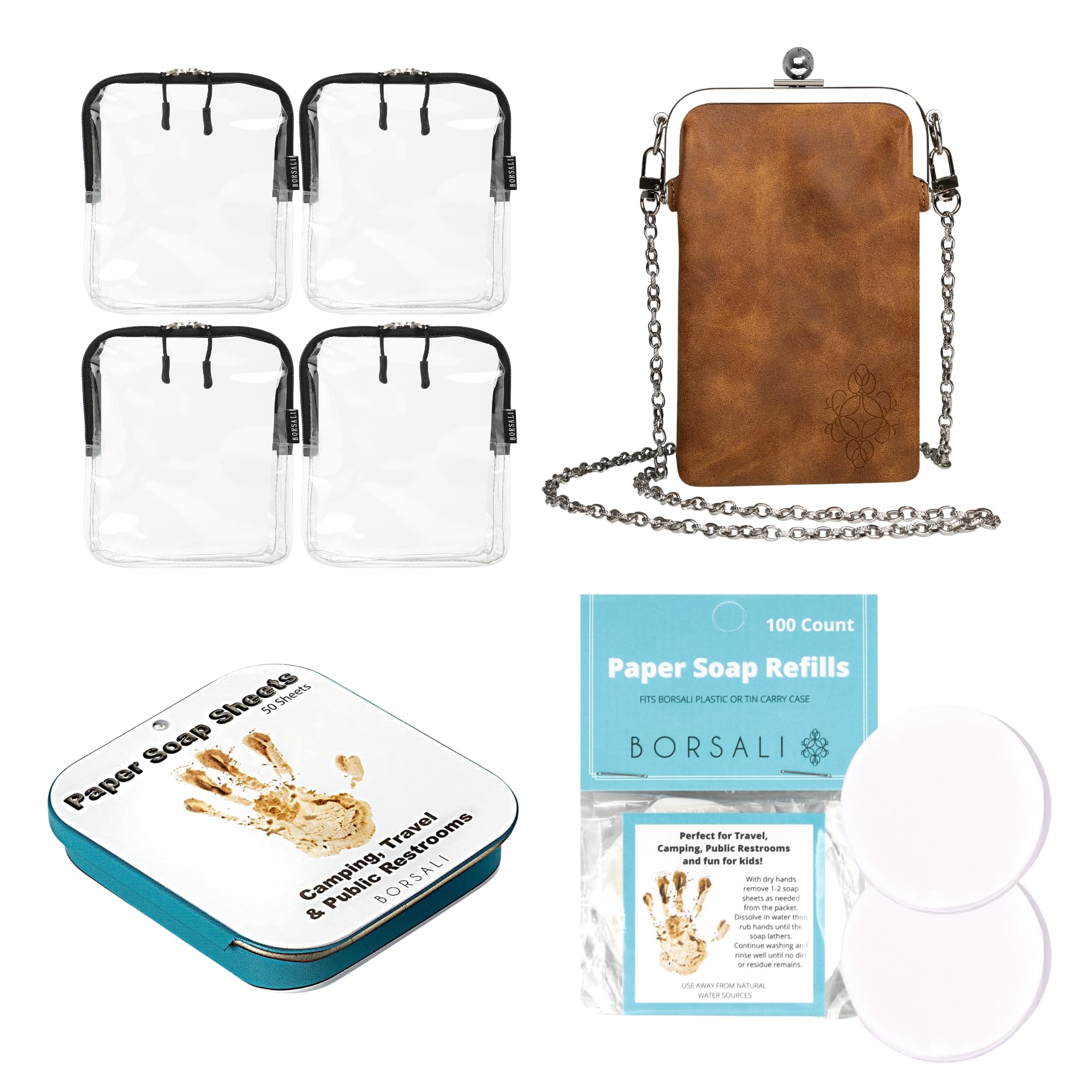 BORSALI 4-pack TSA Quart Size Bag Approved for Carry On Travel with Brown Small Crossbody Bag for Women and Paper Soap Sheets 1 Case with 50 Sheets and 100 Refill Sheets To Go