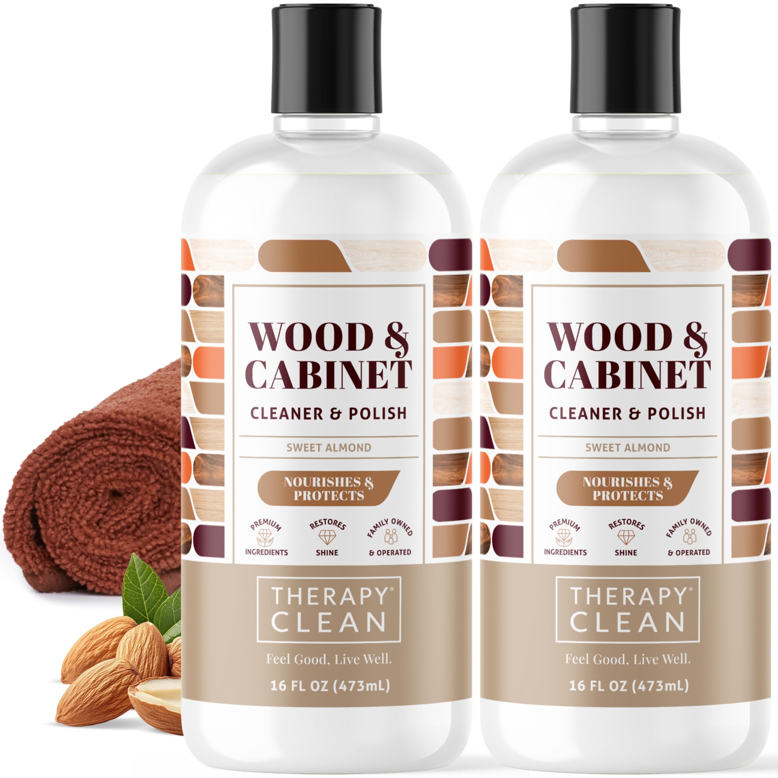 Therapy Wood Cleaner &amp; Polish 16 oz. (2-Pack with Microfiber Cloth) - Wood Cabinet and Table Cleaner - Conditioner - Almond Scent