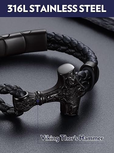 Miniatura 2 de Bandmax Pulsera trenzada de cuero negro para hombre con colgante martillo de Thor calavera abalorio masónico pulseras de cuerda de cera con hebilla