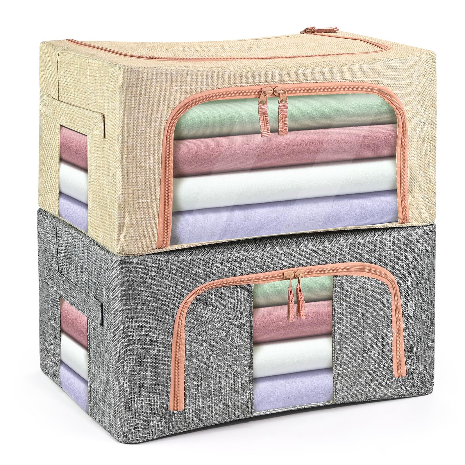 2Pcs Clothes Storage Boxes Organiser - Foldable Clothes Storage Bags with Lid, Clear Window & Reinforced Handle 22L Moving Bag with Steel Frame Support Packing Boxes for Towel Duvet Sweater Bedding โ image 1