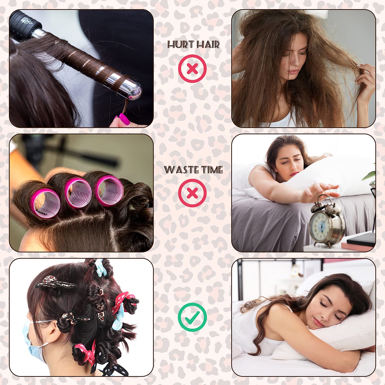 48 bigodini per capelli morbidi per dormire, in schiuma, per capelli e capelli fai da te, in spugna, per capelli lunghi, per donne e ragazze (leopardo)
