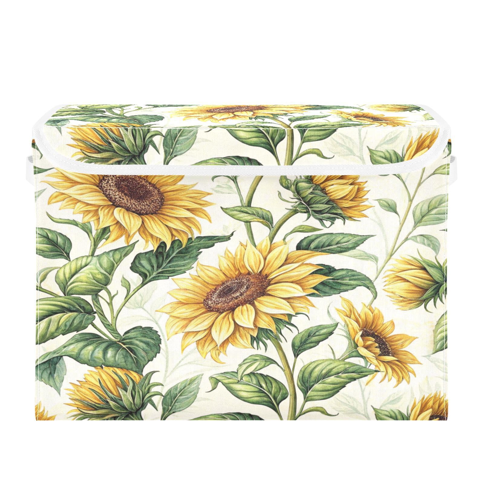 Ewusp Sunflower Fabric Storage Bin with Lid, Decorative Foldable Storage Basket with Handles, Stackable Closet Shelf Organiser Box for Clothes, Books, Bedroom, Living Room