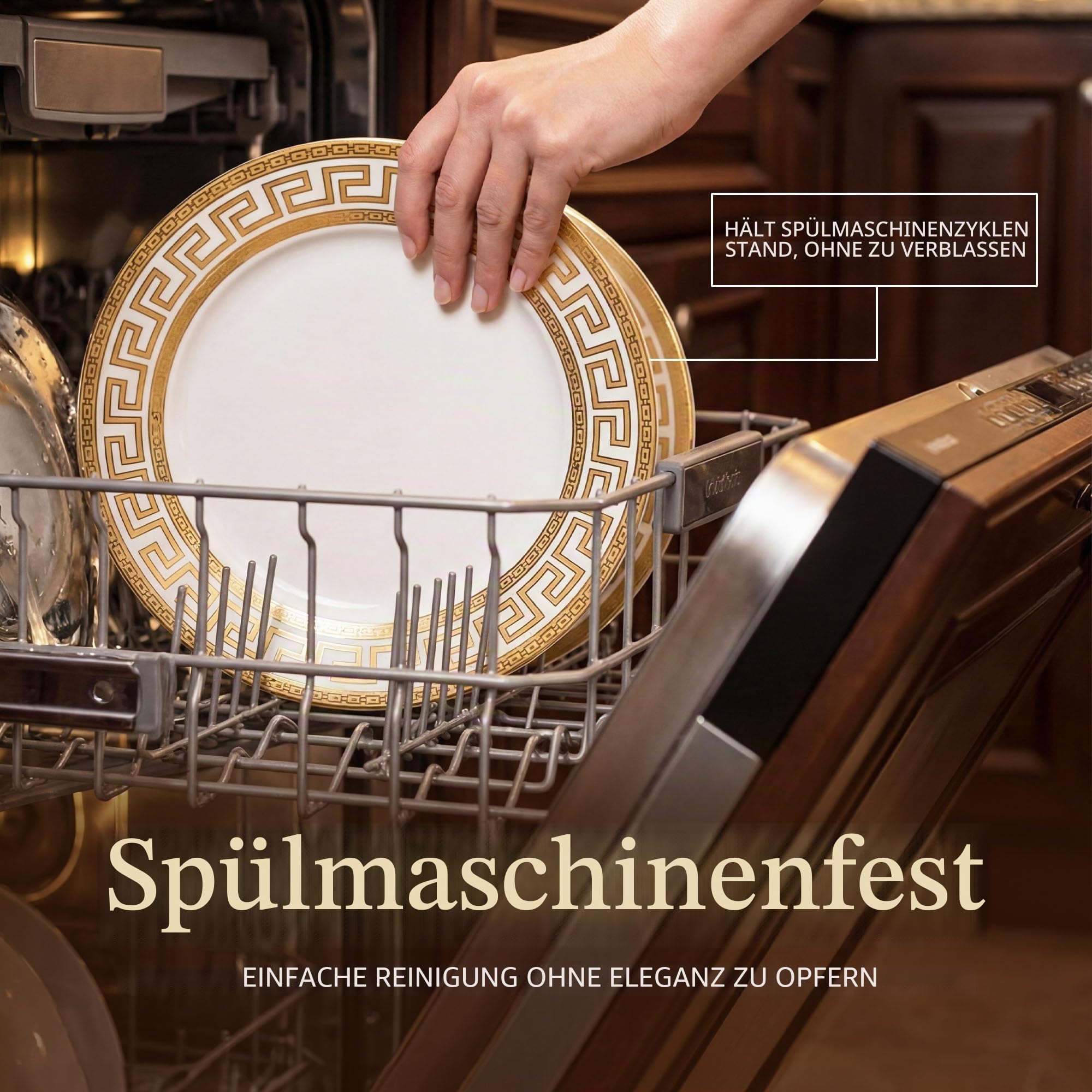Joseph Sedgh Collection 20-teiliges Geschirrset aus Knochenporzellan, Service für 4 Personen, weißer und goldener griechischer Schlüssel