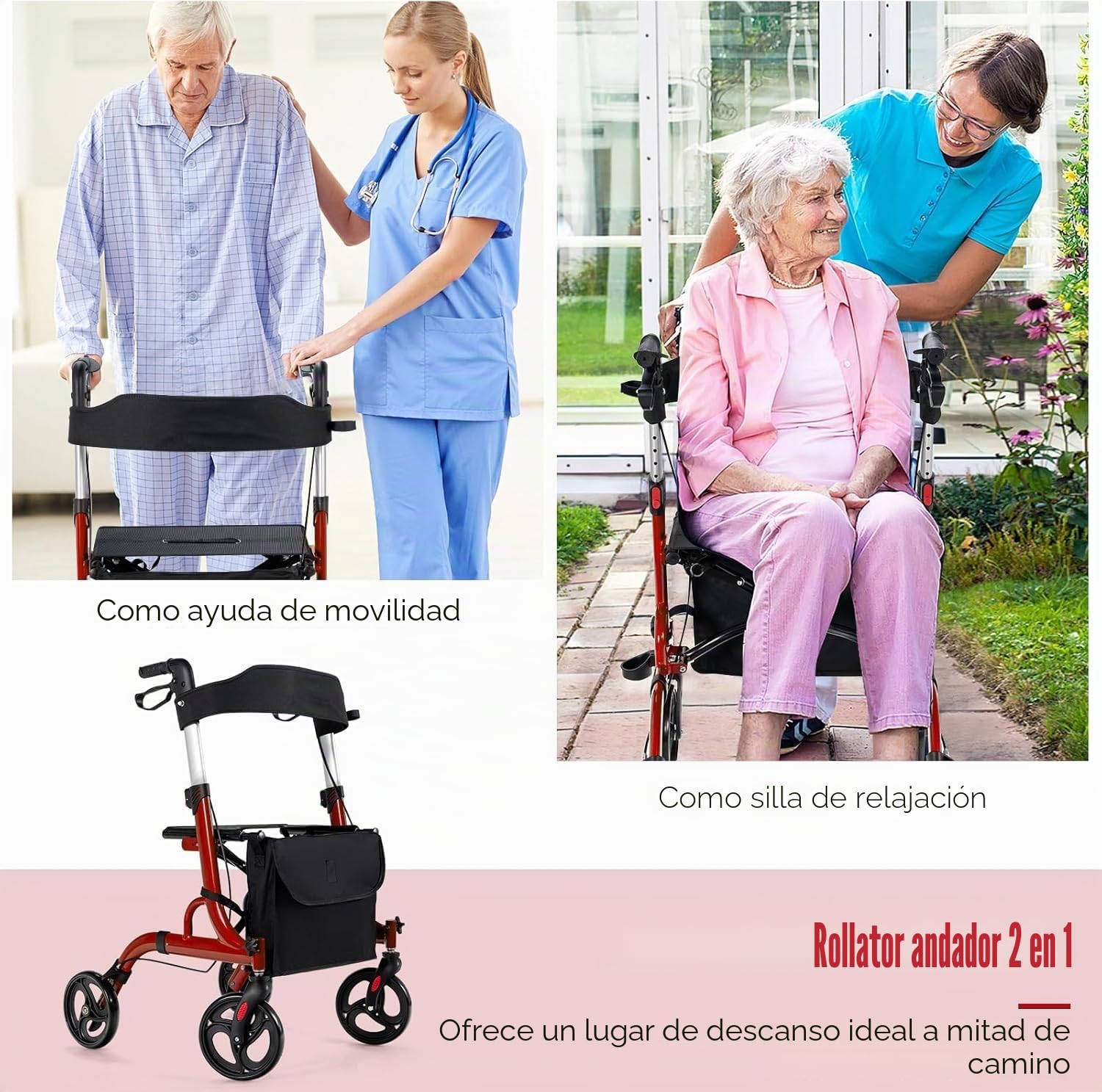 FANTASK Andador plegable y ligero con asiento, silla de descanso 2 en 1 y andador de viaje, 6 alturas de altura regulable
