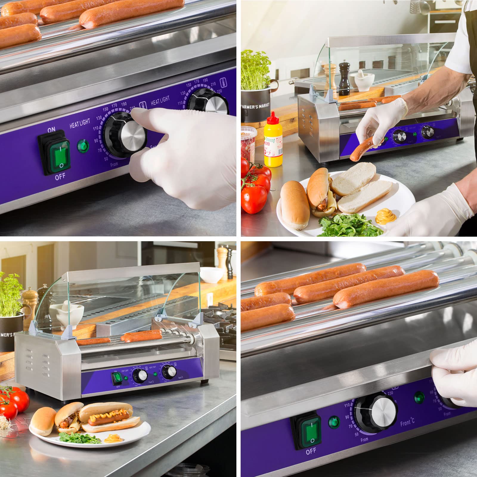 VERTES Gastro Hot Dog Maker acero inoxidable 1000W máquina perritos calientes 5 rodillos 2 zonas calentamiento 50-250°C