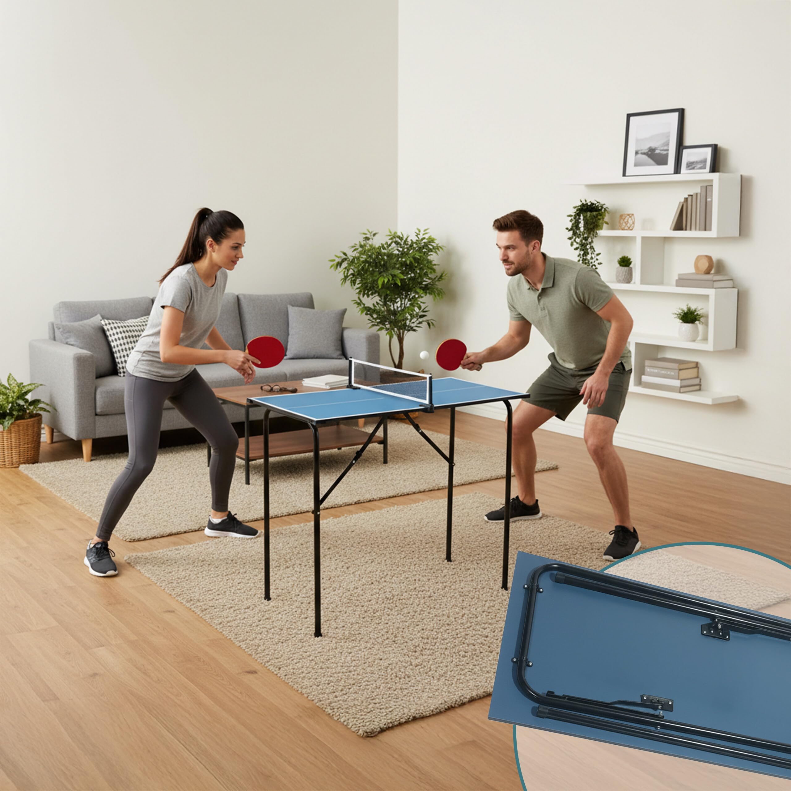 Relaxdays Mini Table de ping-Pong Pliable, pour l'intérieur, Peu encombrante, (H x l x P) : 76 x 88 x 48 cm, MDF et Acier, Bleue