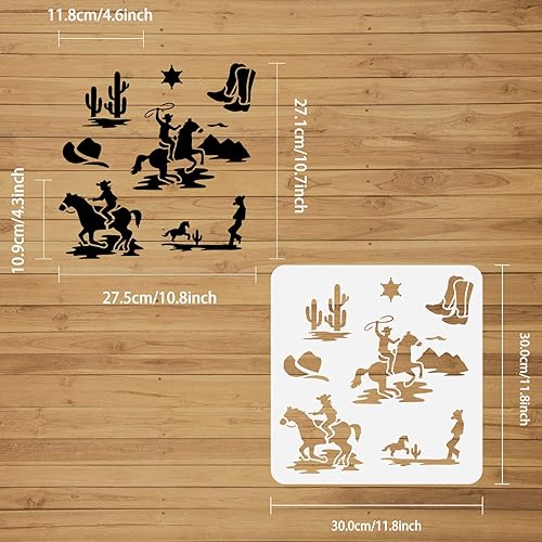 Miniatura 2 de FINGERINSPIRE Plantilla temática de vaquero occidental de 11.8 x 11.8 pulgadas, plantillas de pintura de caballos de vaqueros, botas de cactus,