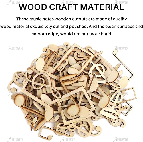 Miniatura 3 de AUEAR, Paquete de 60 notas musicales con recortes de madera, mini notas musicales, adornos de madera, rebanadas sin terminar para manualidades,
