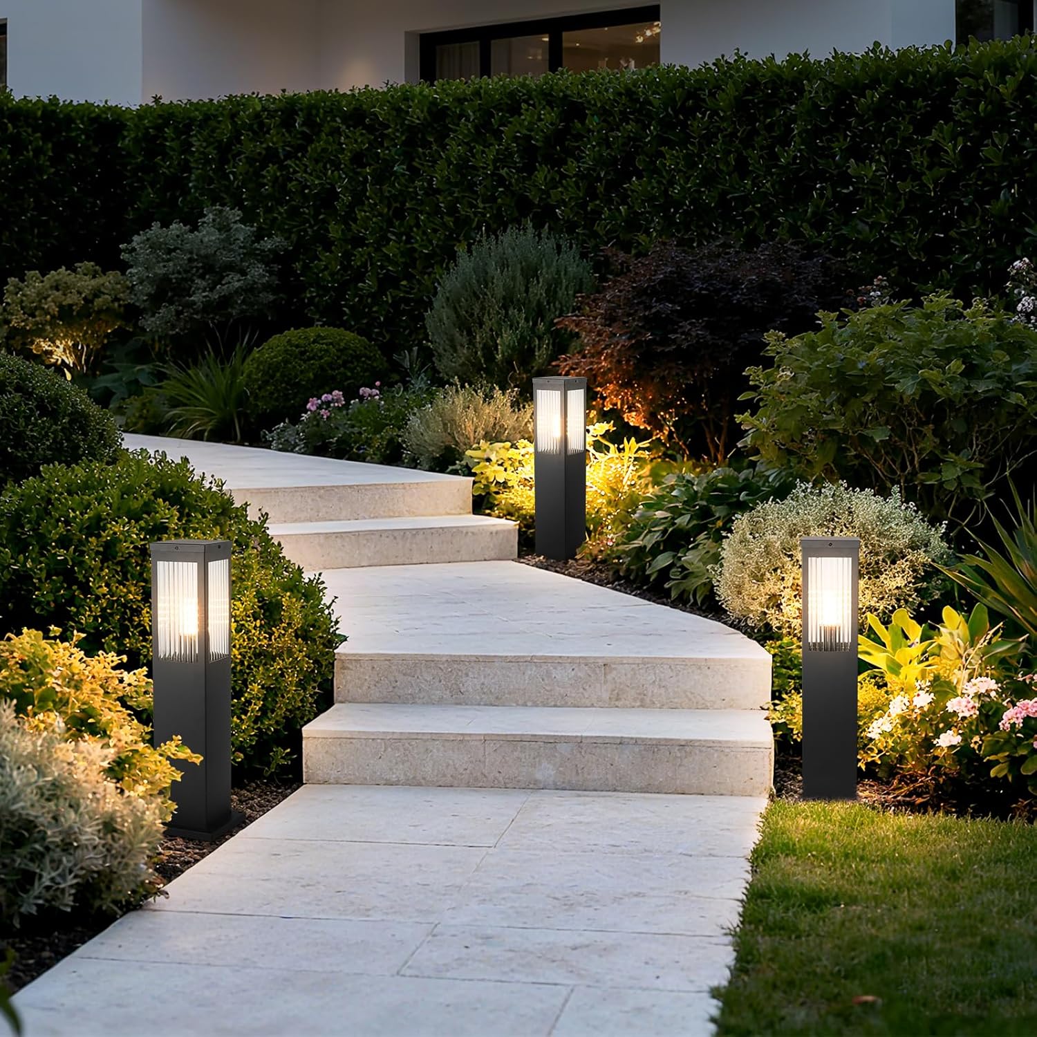 Outdoor Landscape Path Light Stainless Steel Waterproof Bollard Lighting Hardwired E26 Glass Post Pillar Lights Black Modern Lawn Lighting Outside House Pathway Lamp For Garden Patio Yard Street Light